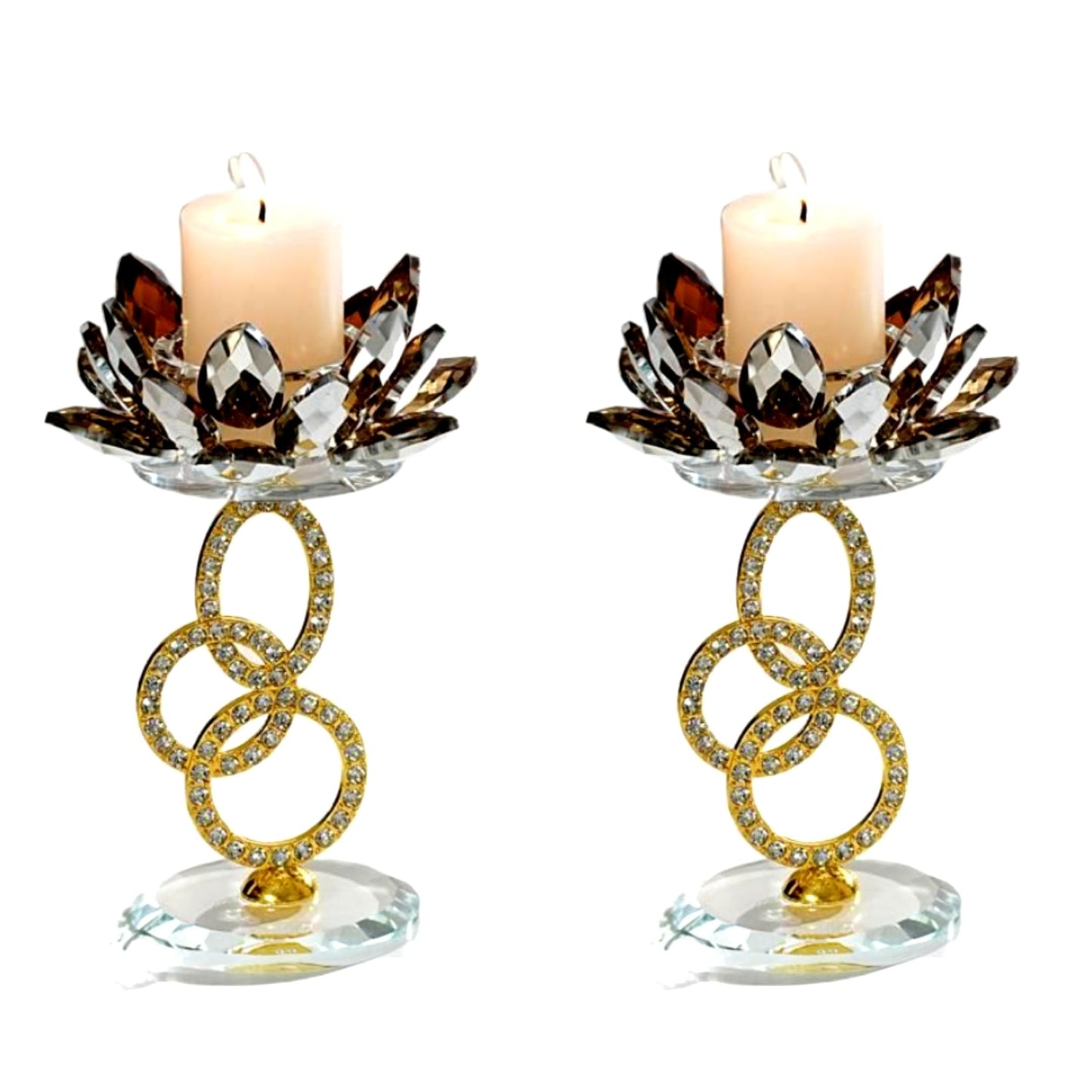 Crystal Lotus Flower Candlestick Holder, Rhinestone Interlocking Rings Glass Votive Teight Candlestand, Four Rings Gold
