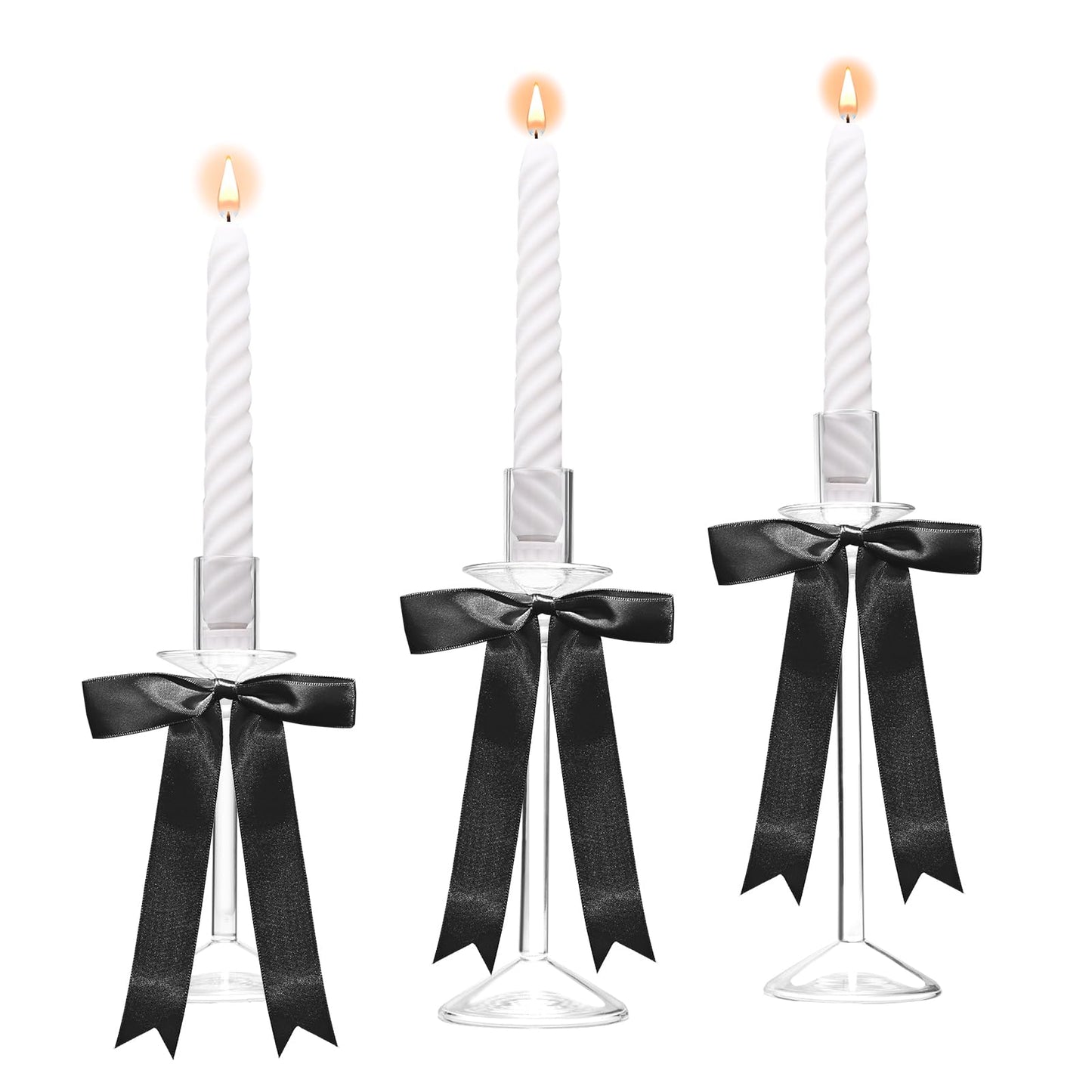 CHILL RECIPE Bow Candle Holder Glass Taper Candlestick Holders with Built-in Candle Drip Protectors Bows Decor for Table Centerpiece Wedding Party Halloween(Black)