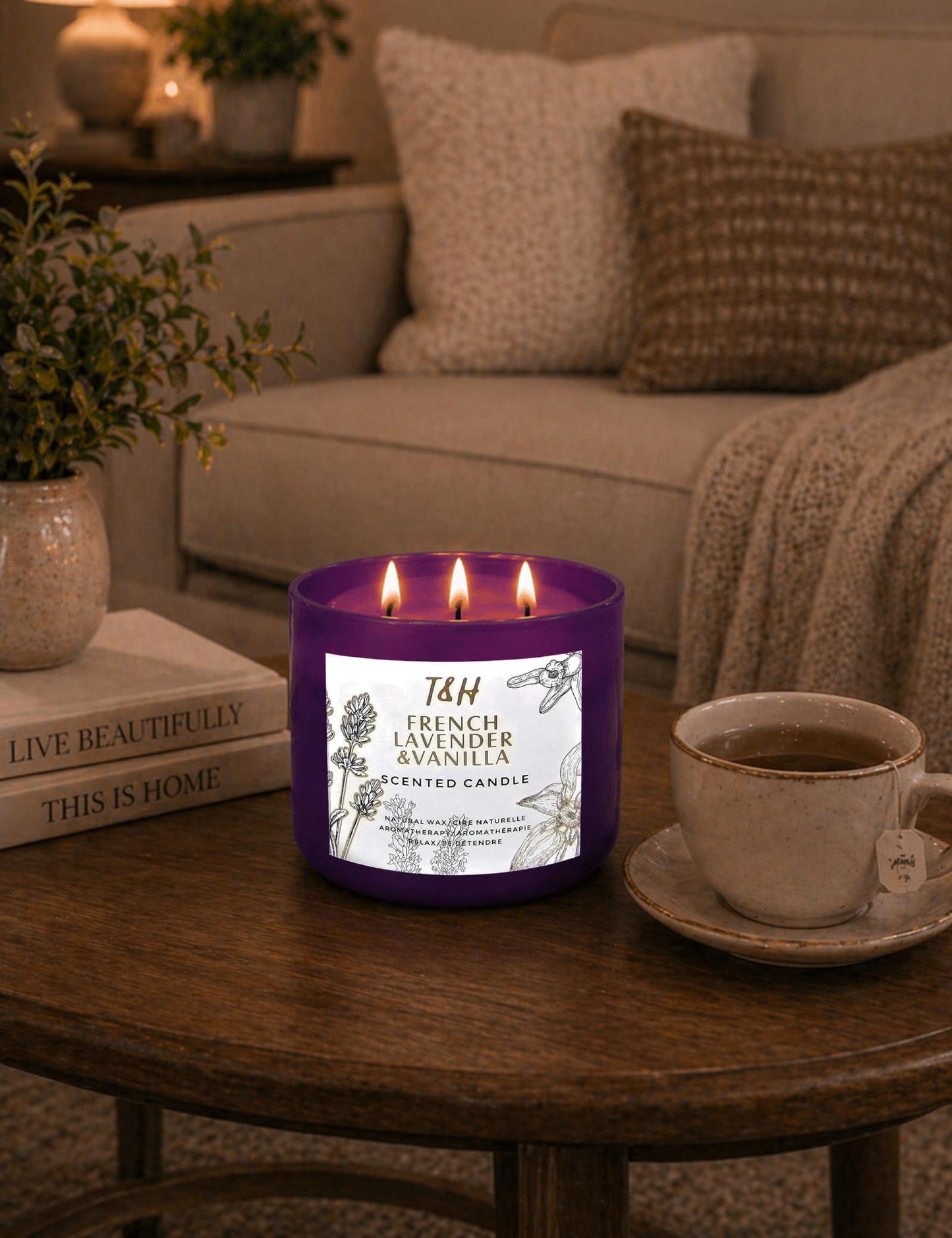 French Lavender Vanilla 3-Wick Scented Candle | 15.8 oz Large Soy Aromatherapy Candle for Home | Clean Burn Long Lasting | Relaxing Floral Vanilla Scent | Cozy Gifts for Women & Men