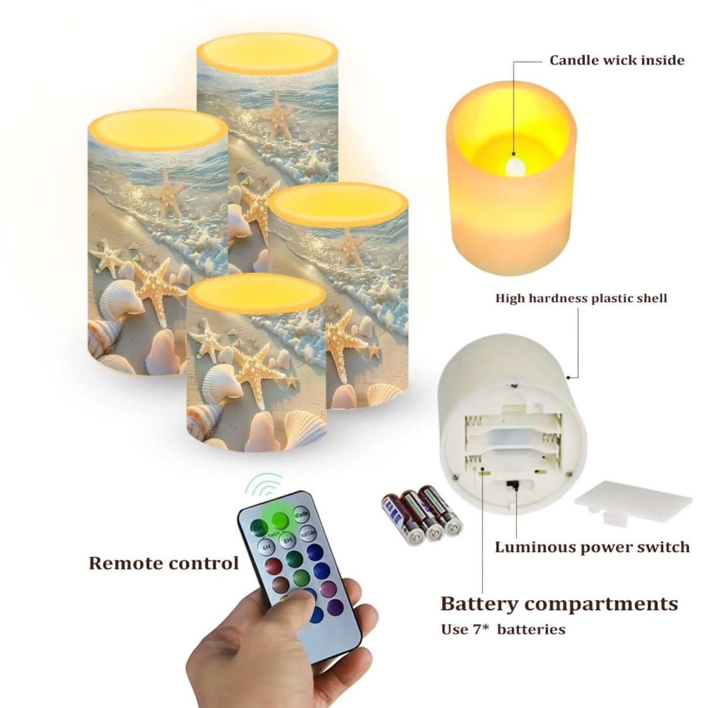 NETILGEN Beach Starfish Seashell Print 4 Pcs Flameless LED Candles with Remote Timer Control, Color Changing Flickering LED Pillar Candles Decor