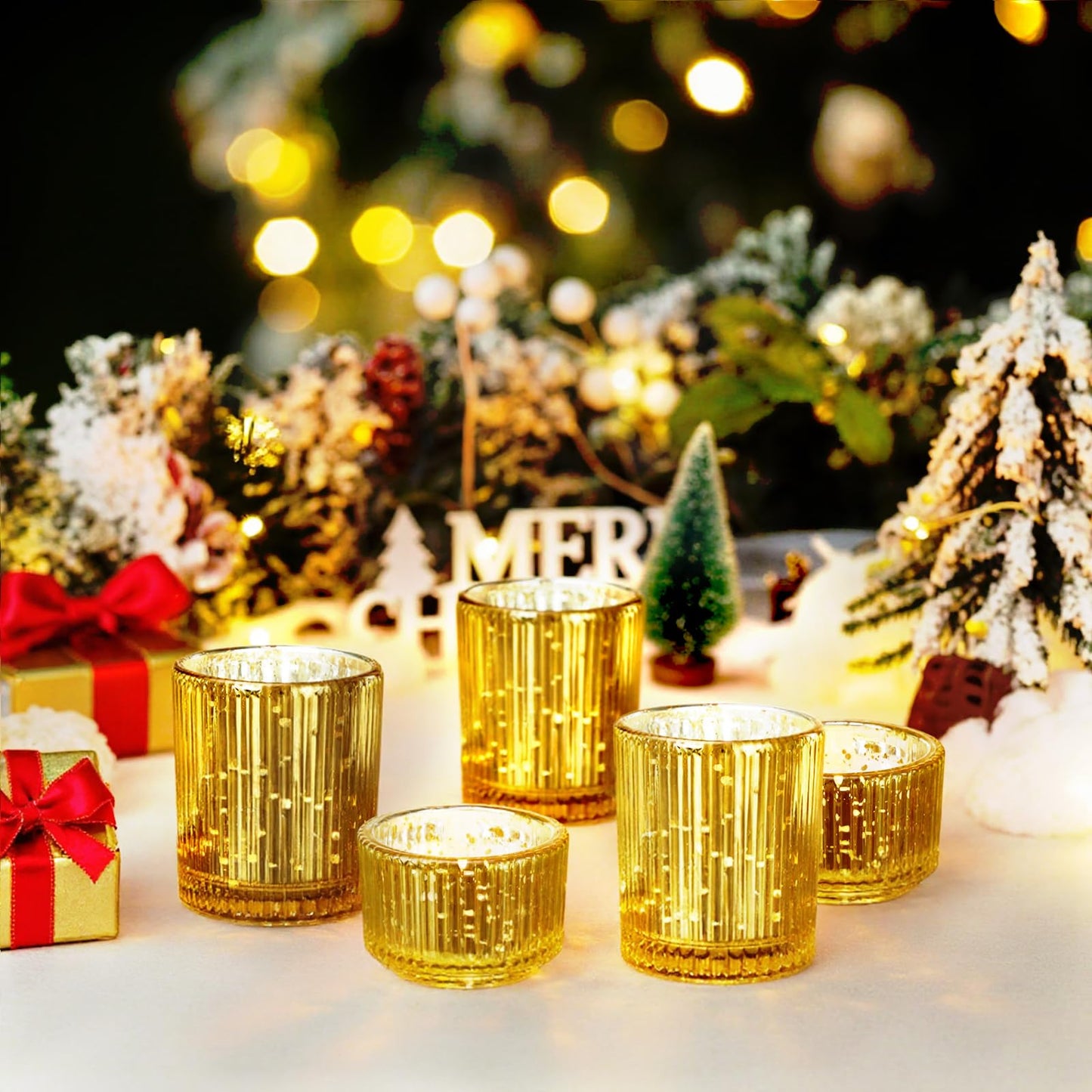 IMAGE Votive Gold Candle Holders, Elegant Glass Tea Light Holder for Weddings, Diwali, Home Decor, Shower, Party & Gift (12)