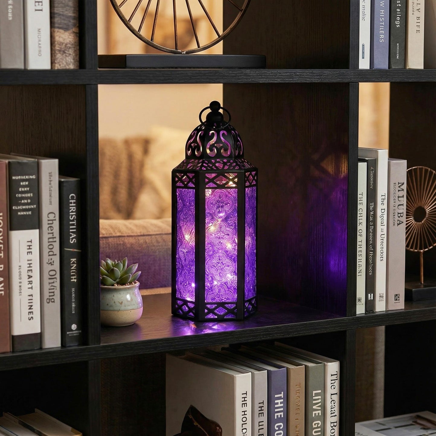 Vela Lanterns Purple Decor Candle Holder, Gothic Lamp with Fairy Lights, Fantasy Decorative Moroccan Lantern, Witchy Whimsigoth Home Decor, Metal Hanging Halloween Spooky Vampire Room Light