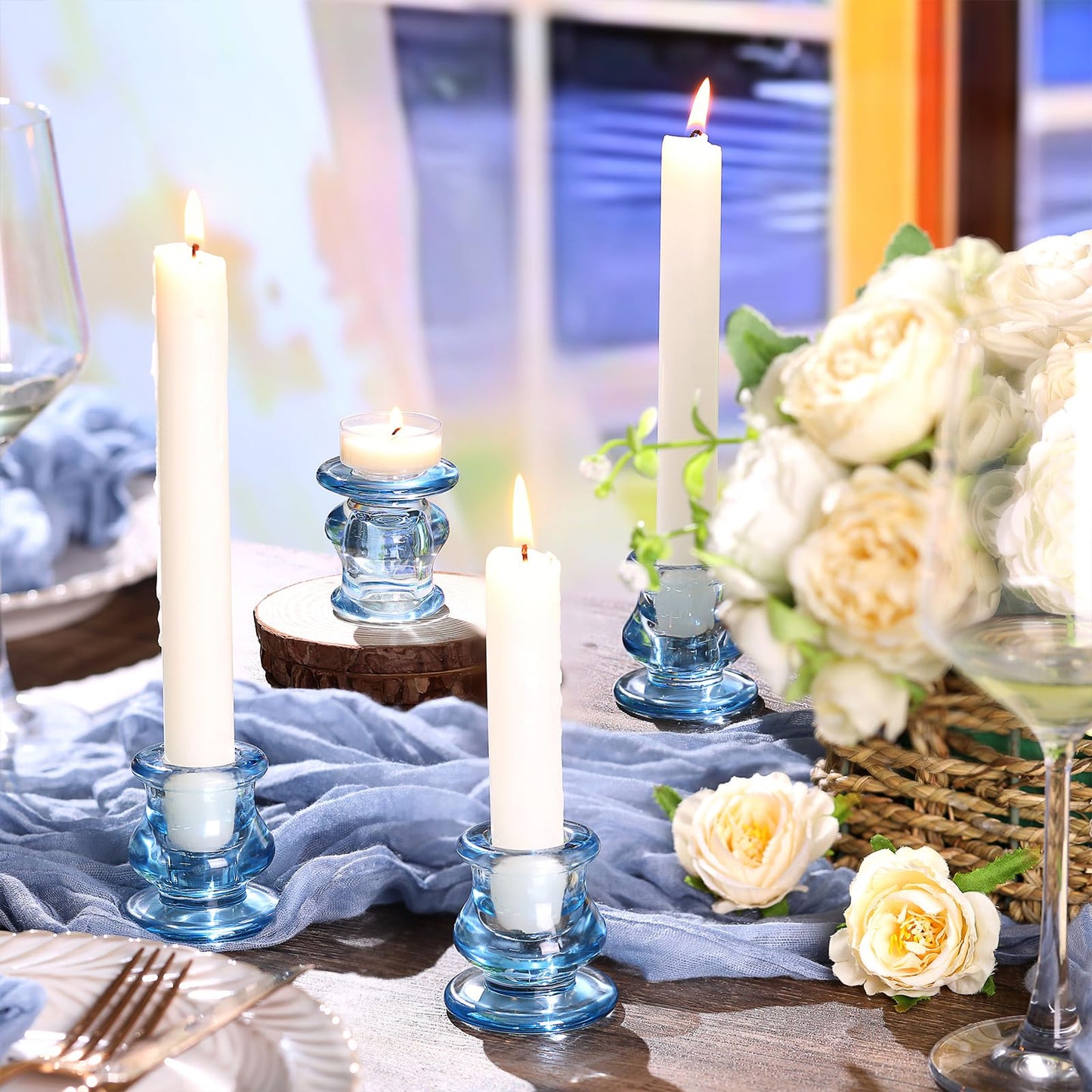 NITIME 12pcs Blue Candlestick Holders, Blue Glass Candle Holders for Pillar Candles, Taper Candle and Tealight Candles, Taper Candle Holders for Wedding, Table Centerpiece