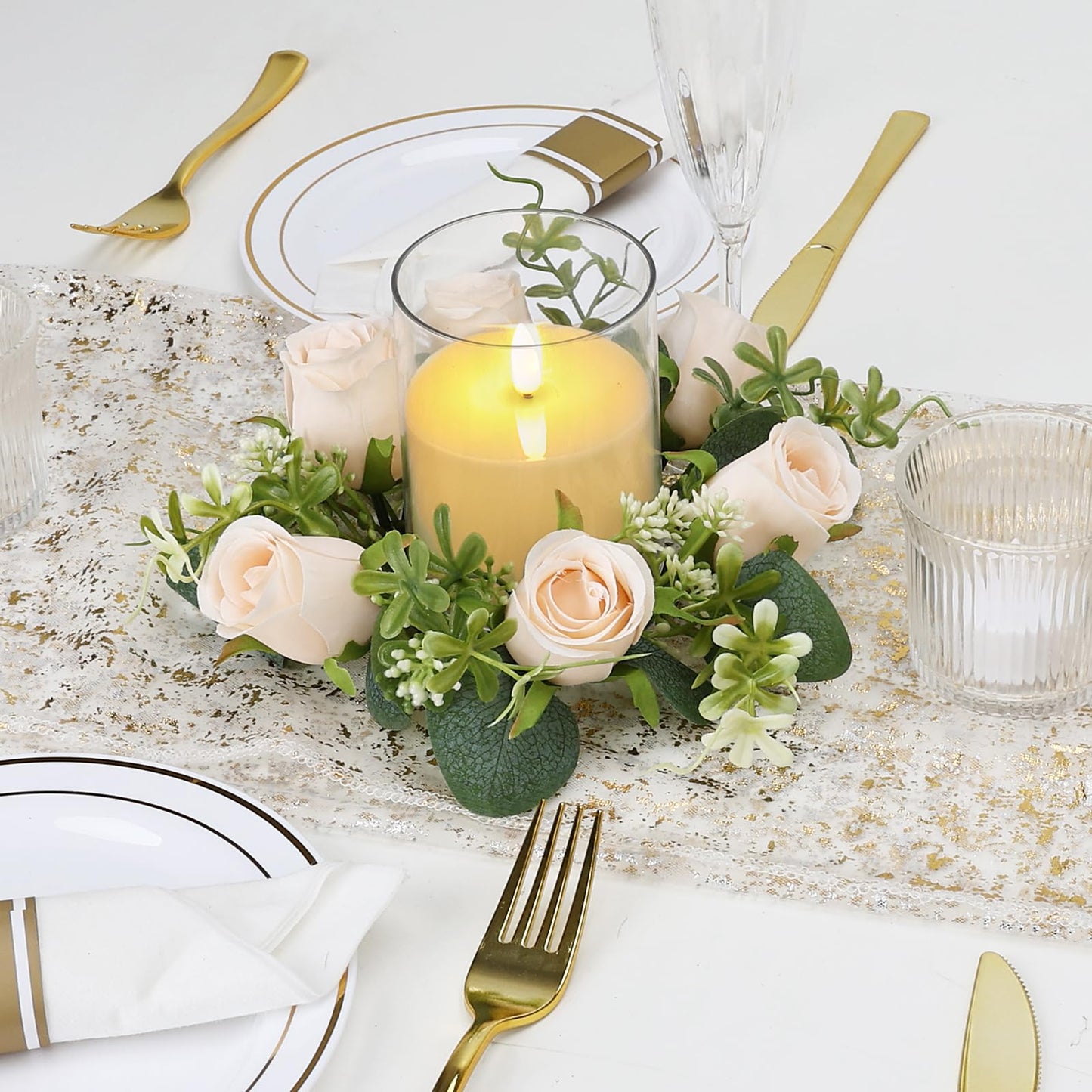 Tobilu 12 PCS Candle Rings with LED Flameless Candles, 3 Inch Artificial Rose Wreaths Eucalyptus Leaves for Table Centerpieces Home Wedding Party Decor, Champagne, 6 Sets