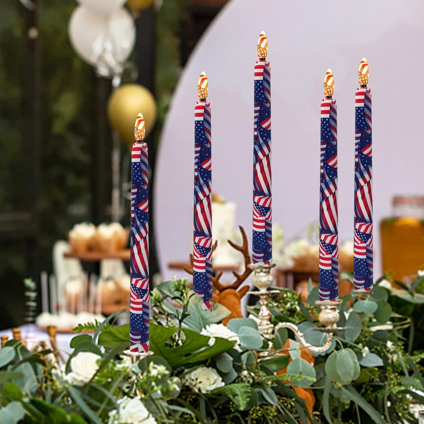 6PCS Patriotic US Flag Stars and Stripes Flameless Taper Candles, 11 Inch LED Candlesticks Battery Operated with 11-Key Remote and Timer, 3D Flickering Flame Lights for Wedding Party Home Decor Gifts