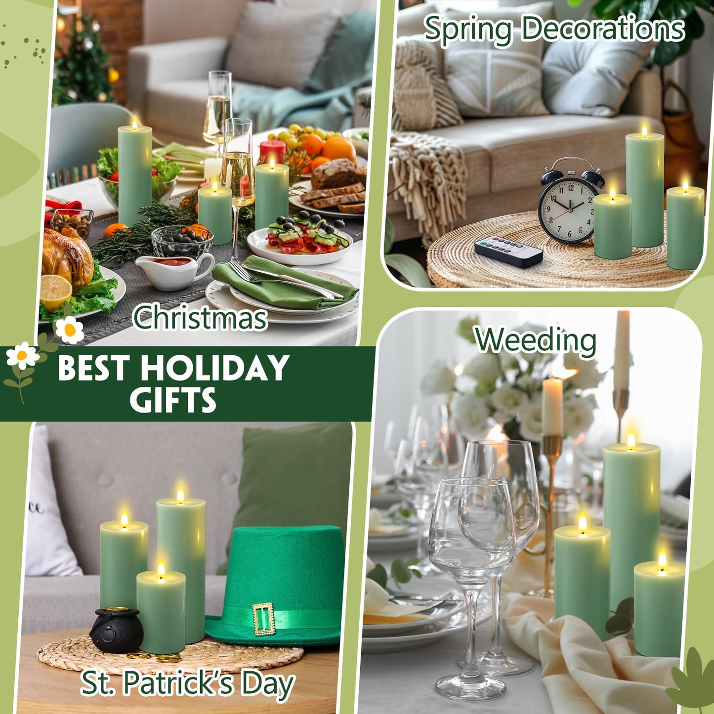 Retisee 3 Pcs Large Flameless LED Battery Operated Candles with Remote and Timer Spring Real Wax Flickering Candles for Indoor Outdoor Party Wedding Lights Decorations, Sage Green