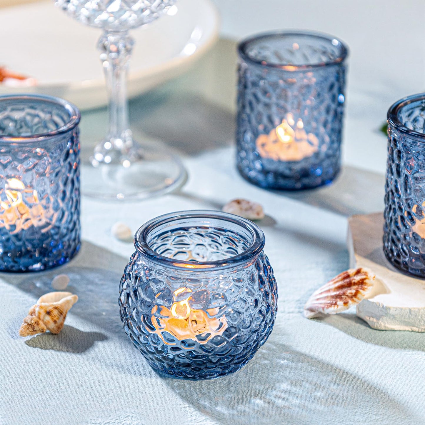 WELLIFE 24-Piece Blue Glass Votive Candle Holders Set – Tealight Candle Holder Glass Bulk with 12 Round & 12 Hammered Textured Cups, Blue Votive Candle Holders for Weddings, Parties, Home