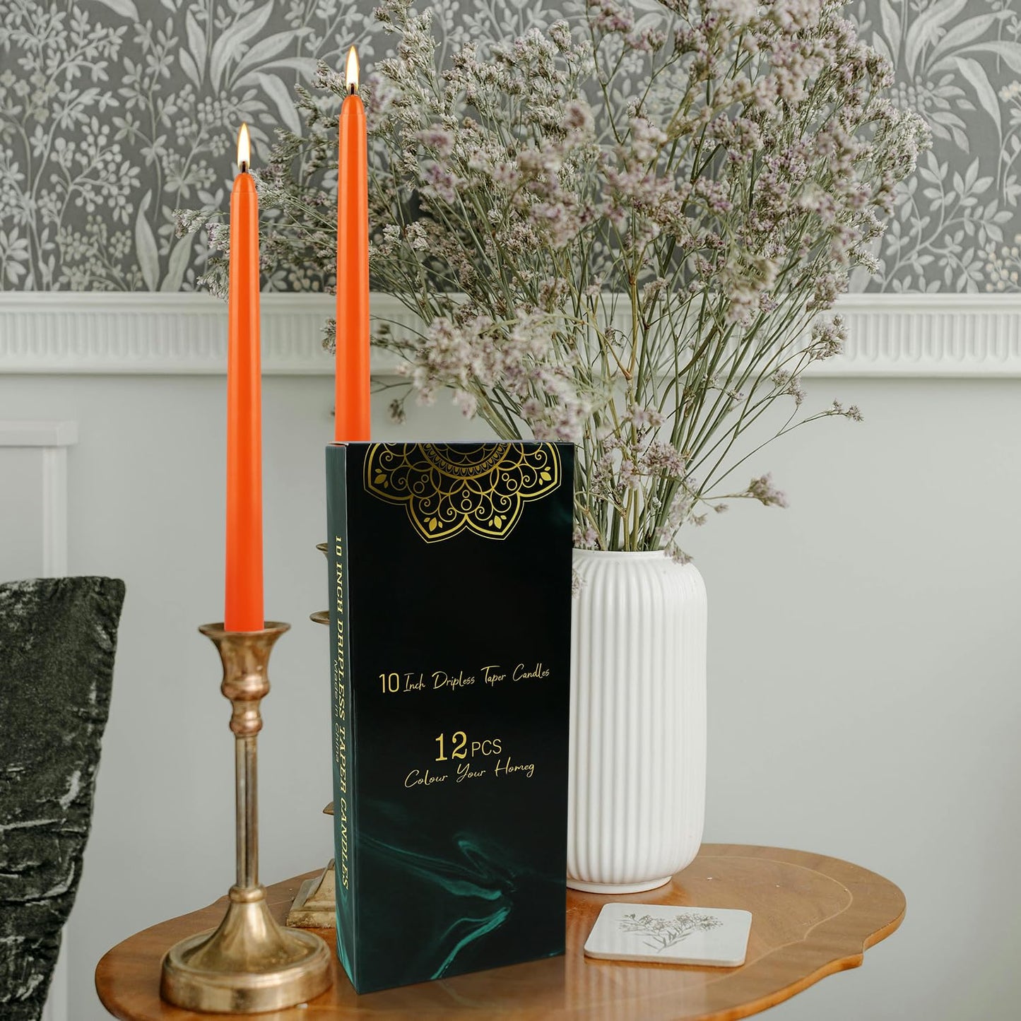 12-Pack 10-Inch Orange Taper Candles - Cotton Core, Clean Burning unscented, Drip-Free & Smokeless, Elegant Conical Design for Halloween, Weddings & Family Celebrations