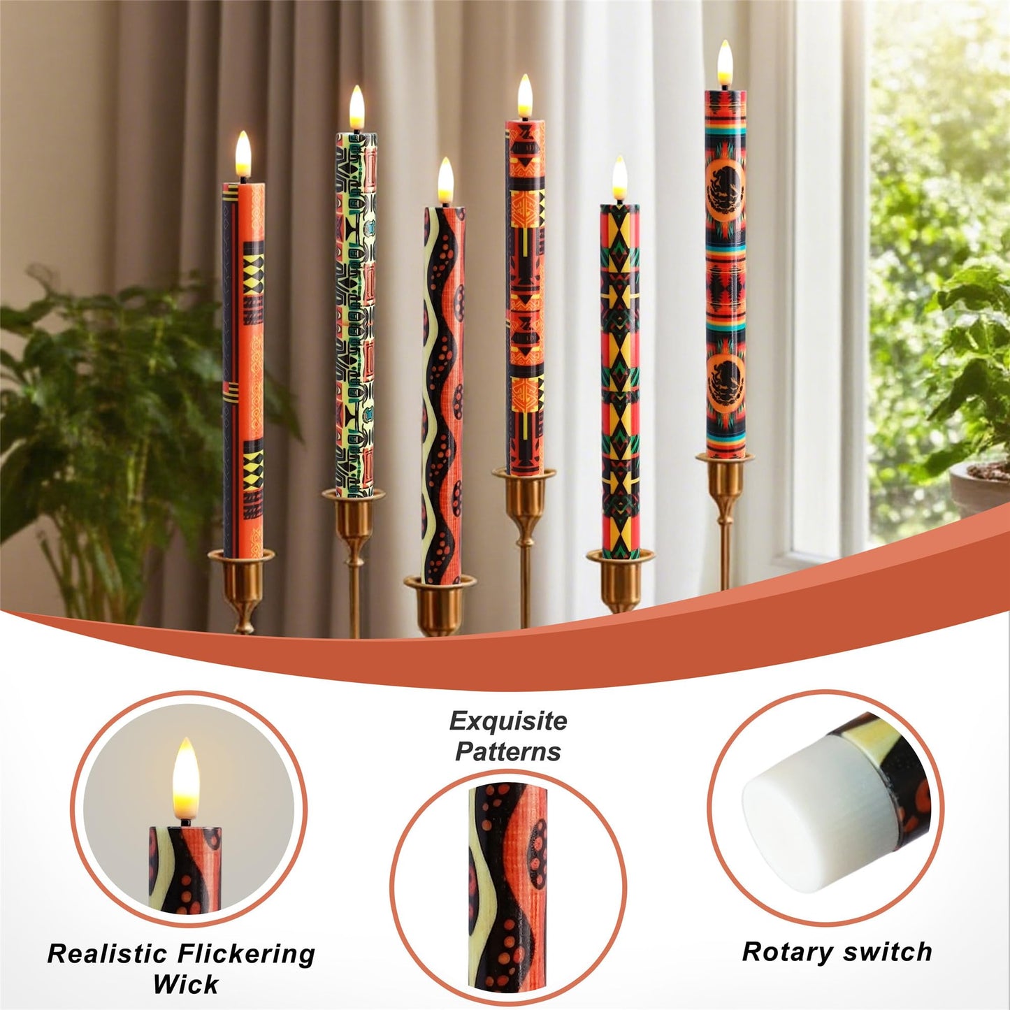 Gedengni African LED Candles Flameless Candlesticks-6pcs Timer Traditional Tribal Battery Operated Candle Remote Floral LED Taper Candles Lights for Home Wedding Party Dinner Windows Decor-P6AFRI