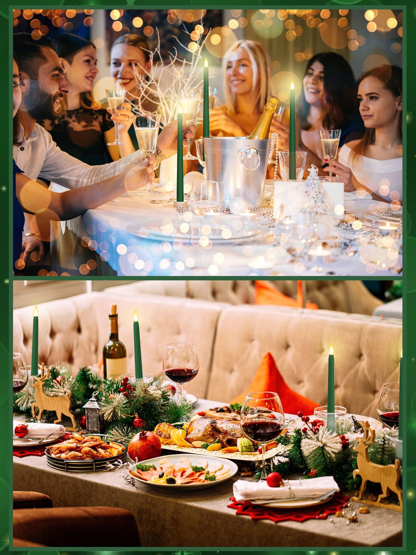 Funtery 48 Pcs Flameless LED Taper Candles Battery Operated Candles Bulk Realistic LED Candlesticks Flickering for Wedding Church Graduation Party Home Decor(Green,Classic Style)