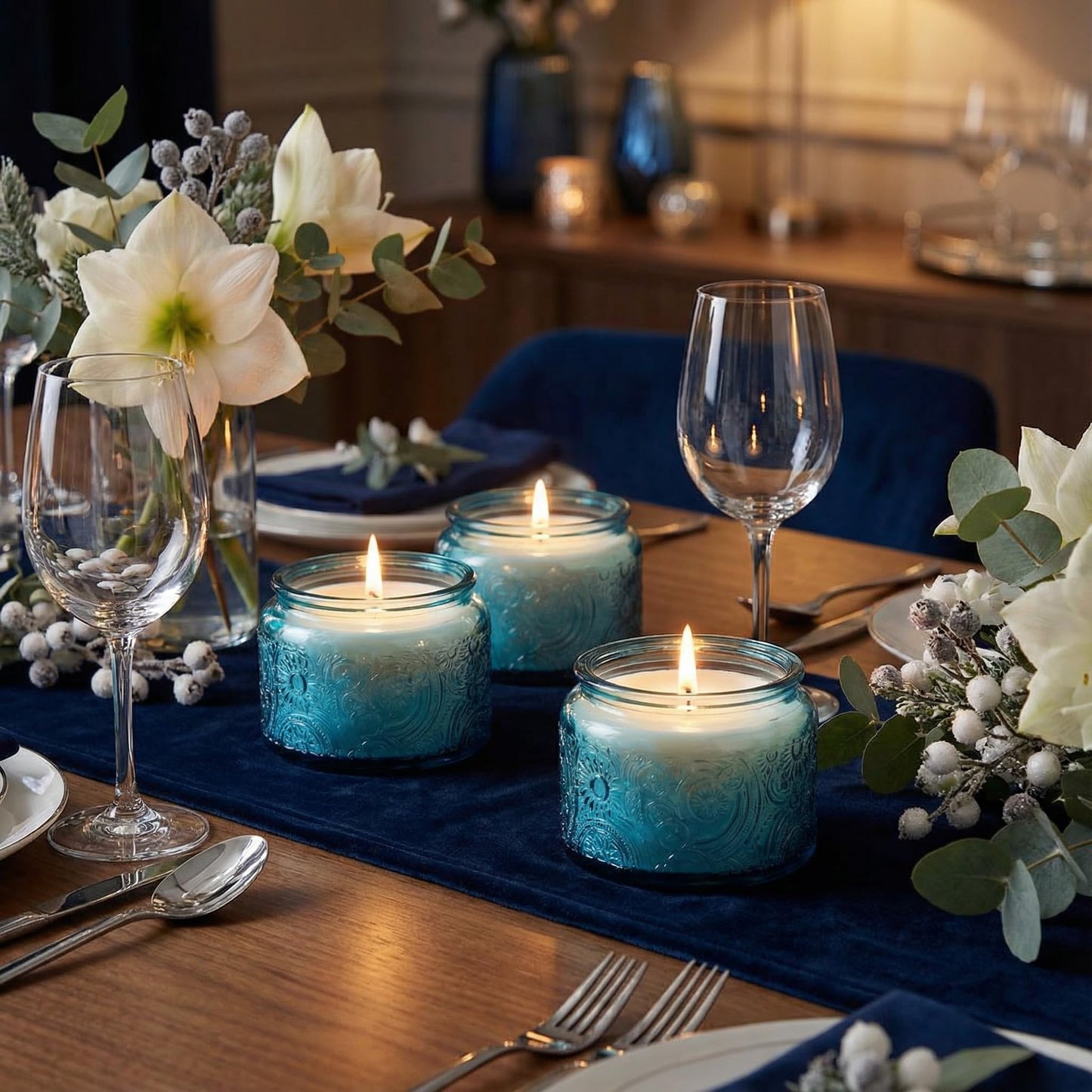 18-Pack 4oz Embossed Glass Candle Jars with Lids and Labels - Sun Moon Stars Design (Blue)