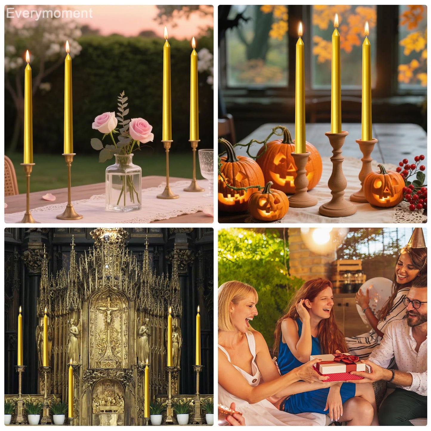 Everymoment Gold Taper Candles - 12 Pack 10 Inch Candlesticks - Dripless & Smokeless for 8 Hours - Unscented Paraffin Wax - Ideal for Wedding Christmas Anniversary New Year's Eve & Luxury Decor