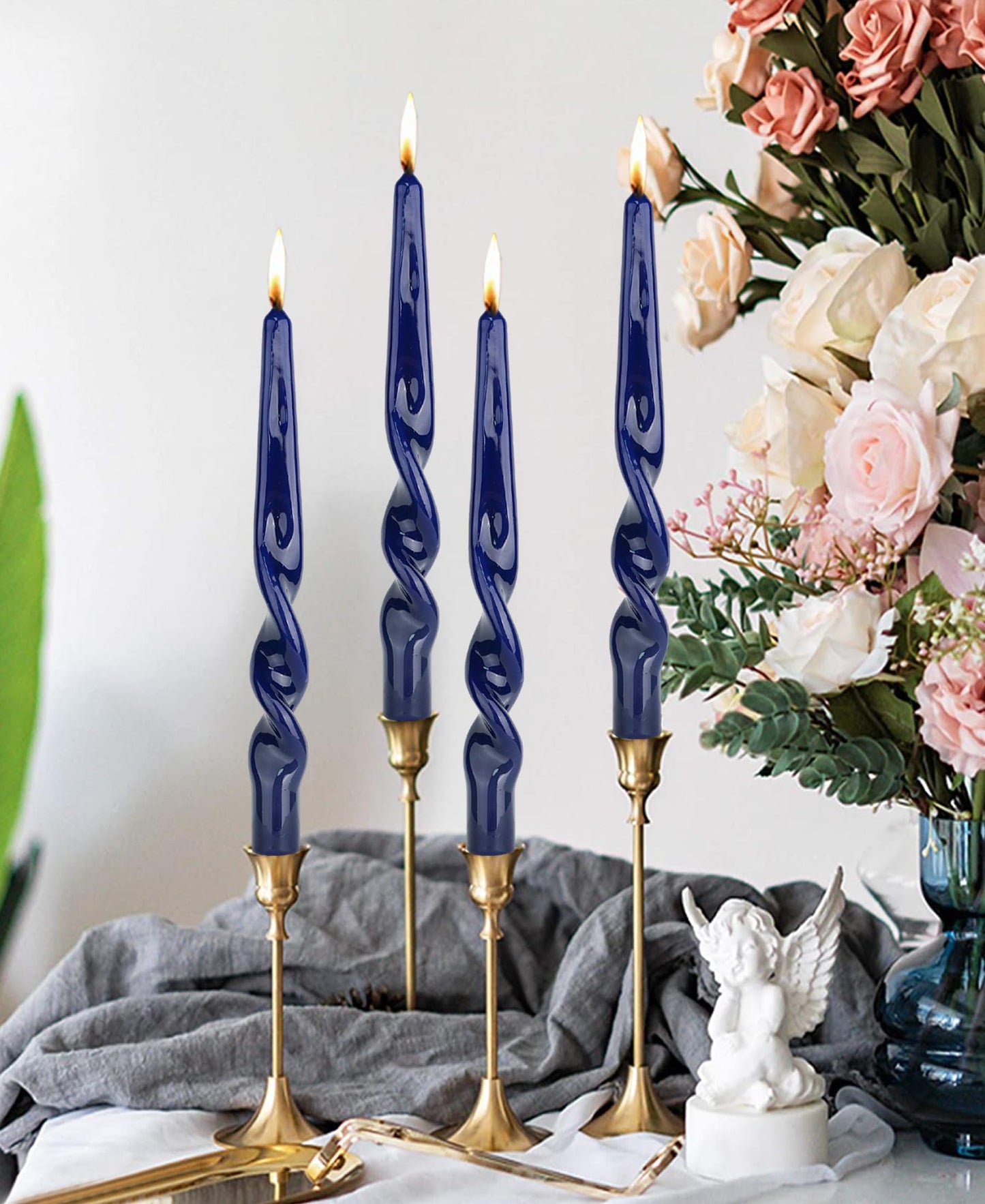 LPUSA Navy Spiral Taper Candles Twisted Candle Conical Stick Candles for Holiday Wedding Party Wax Unscented Dinner Candle Dripless,Christmas Gift10inch,4pcs(Navy-A)