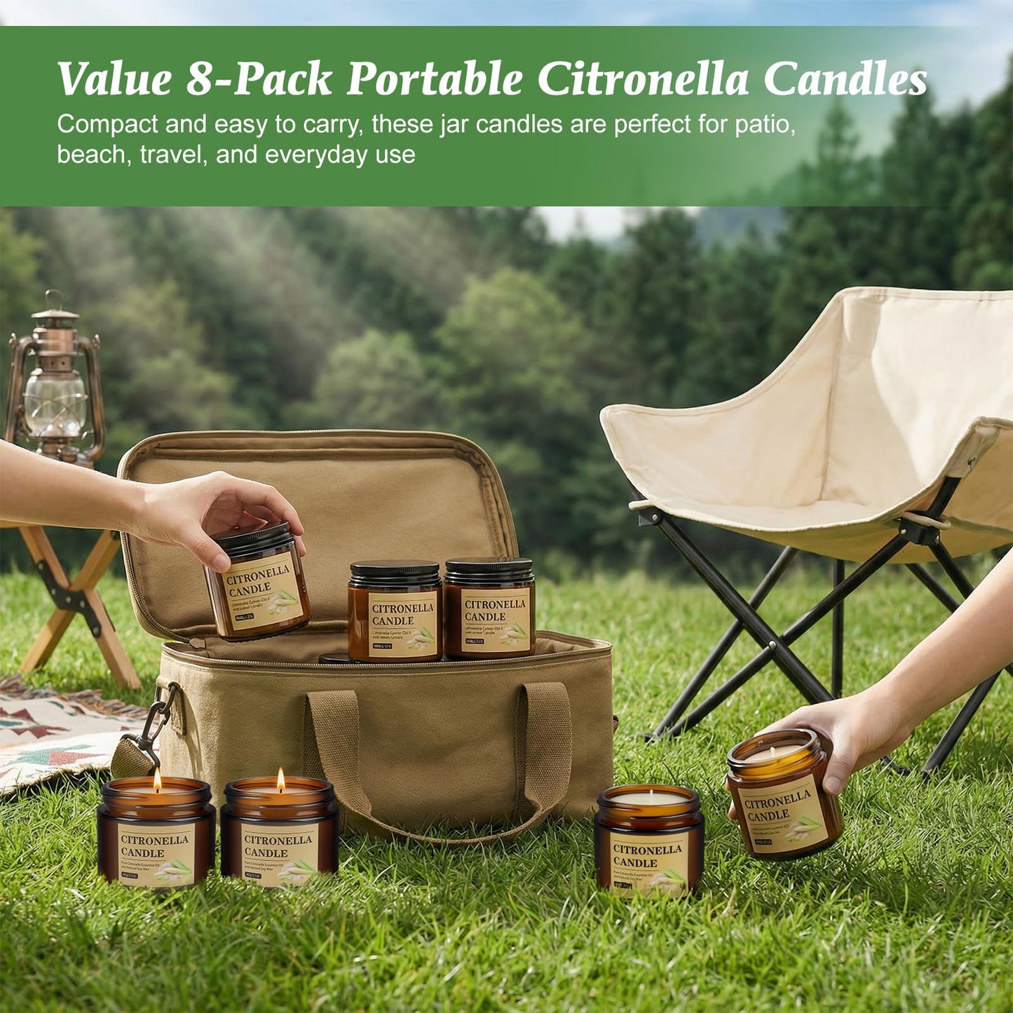 Citronella Candles Outdoor, 8 Pack Citronella Candles with Lids, 120 Hours Burn Time, Natural Soy Wax, Glass Jar Candle for Patio, Yard, Camping, Balcony, Garden, Summer Nights and Indoor Use