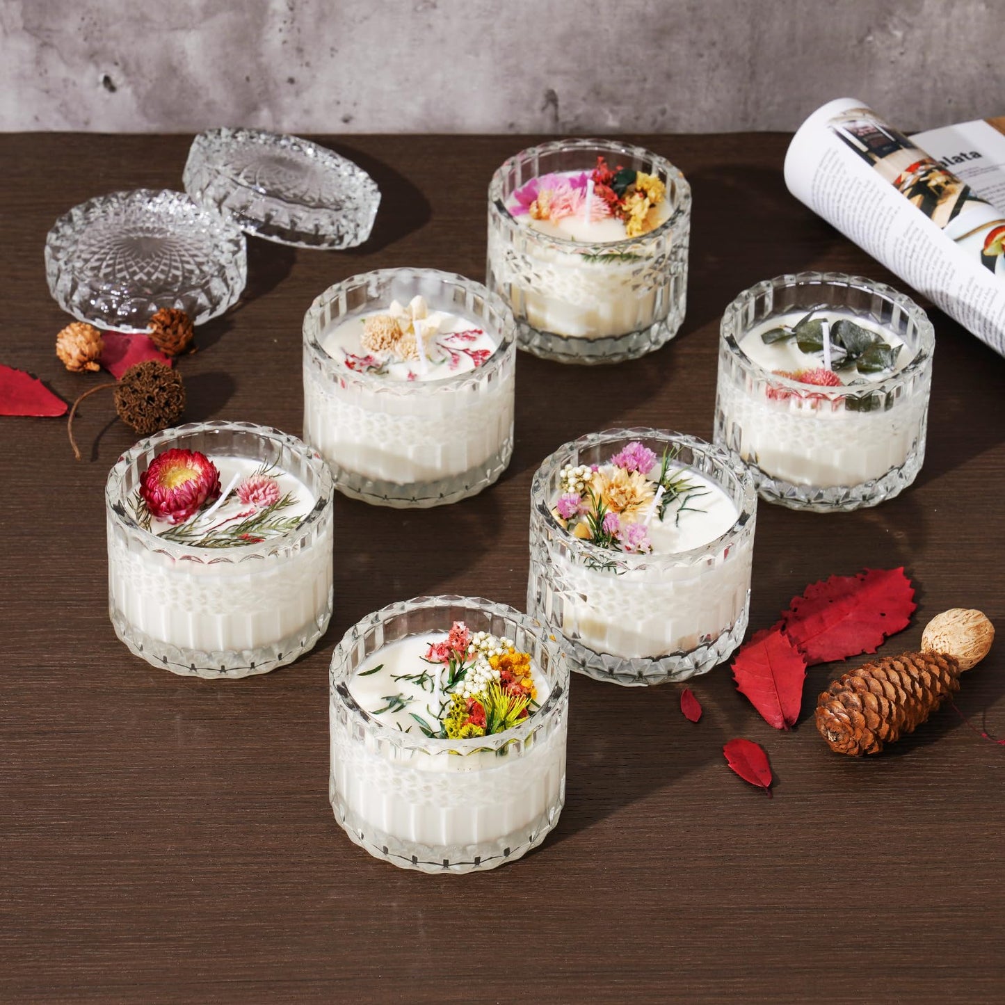 NiHome 8OZ Glass Candle Jar with Lid 6PCS, Multi-Purpose Storage Unique Embossed Design for Home Decor, Storage & Special Occasions, Premium Quality Heat-Resistant & Aroma Preserving for Candle Making