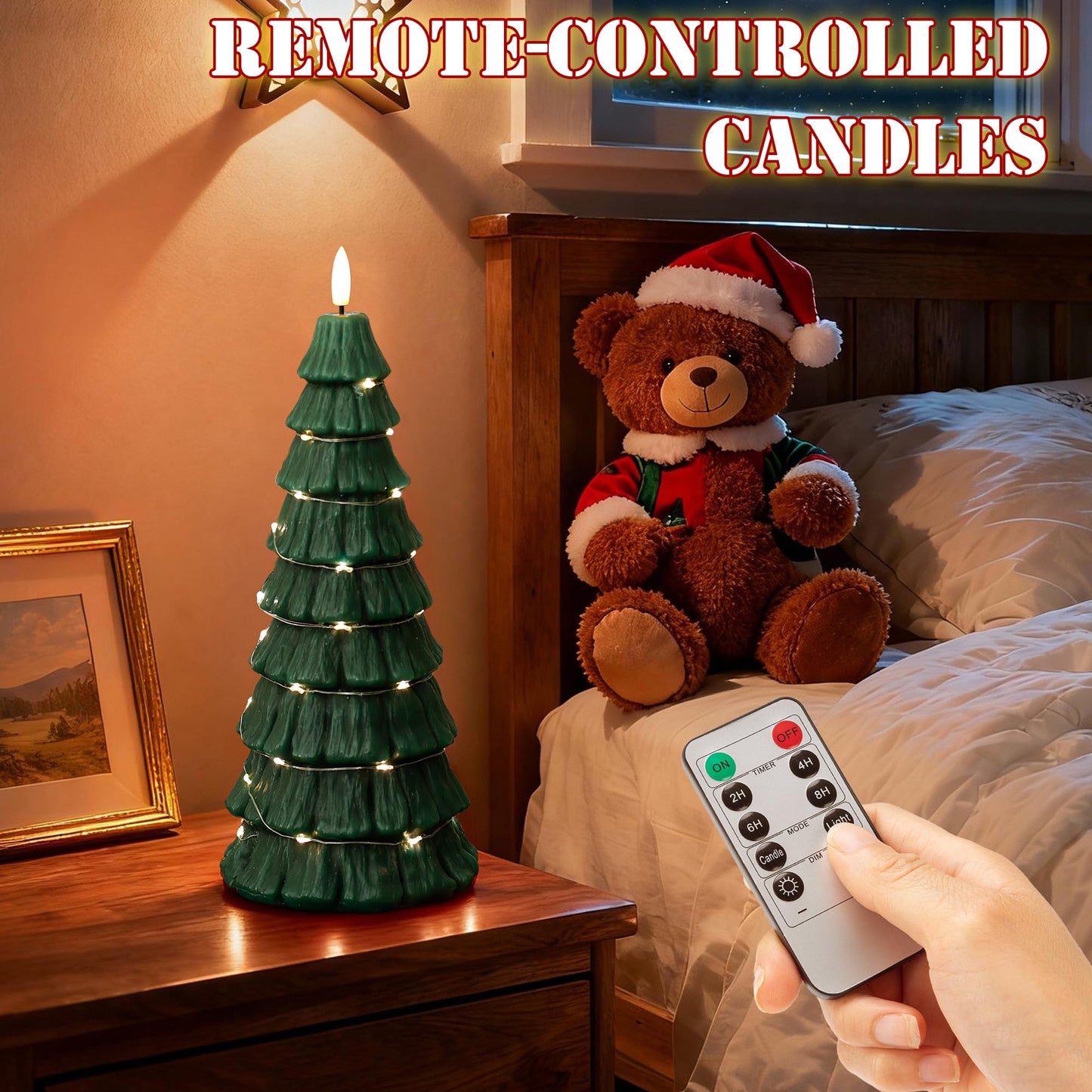 Flameless Christmas Tree Candles with Remote, 3D Flickering Flame Battery Operated LED Candle with Starlight String, Large Electric Tree Candles for Christmas Home Decor, Green