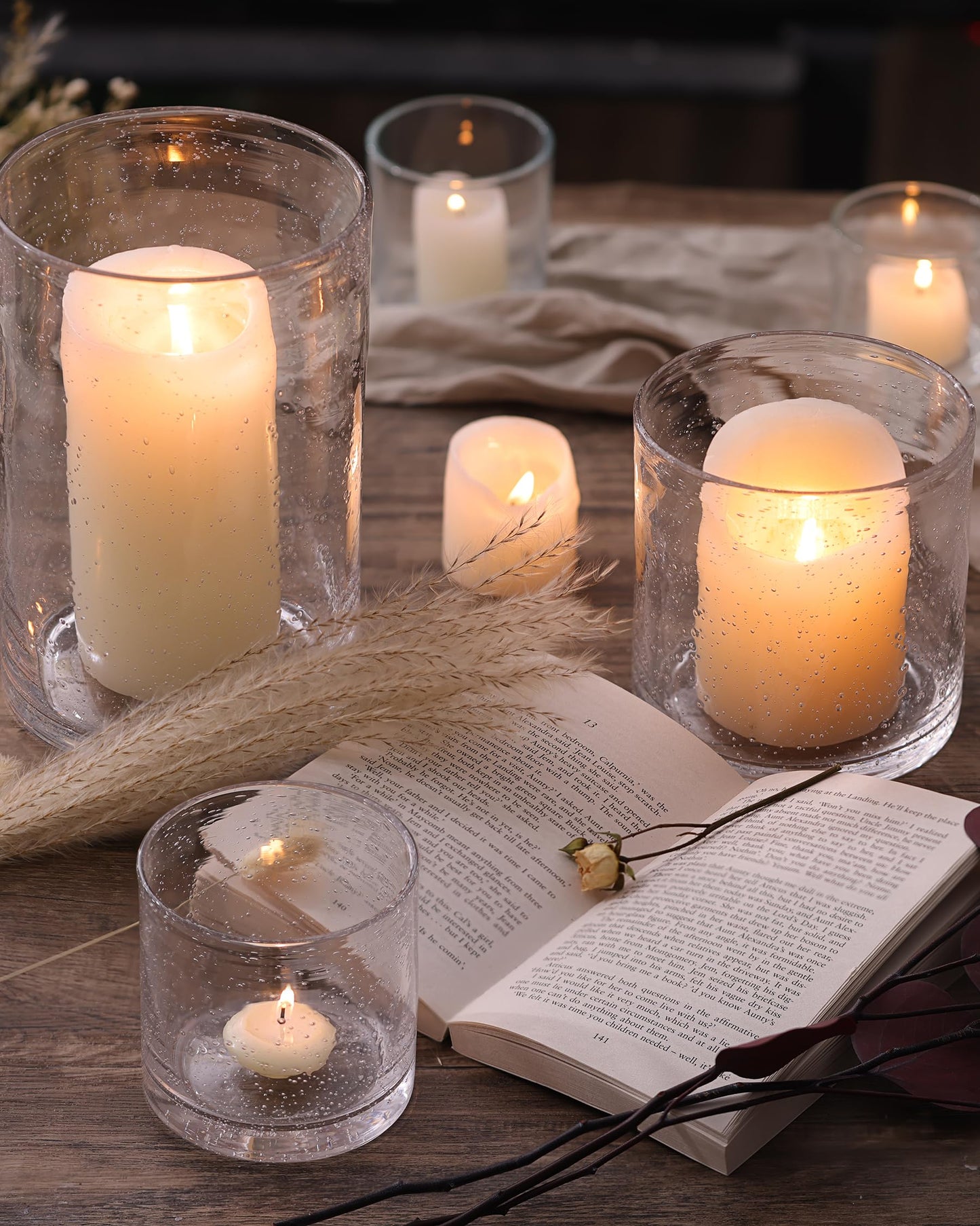 NITIME Hurricane Candle Holder Set of 3 Clear Candle Holders for Pillar Candles, Seeded Bubbles Glass Candle Holder for table centerpiece, Glass Cylinder Vases for Home, Patio and Wedding 8"4.7"3.5"H