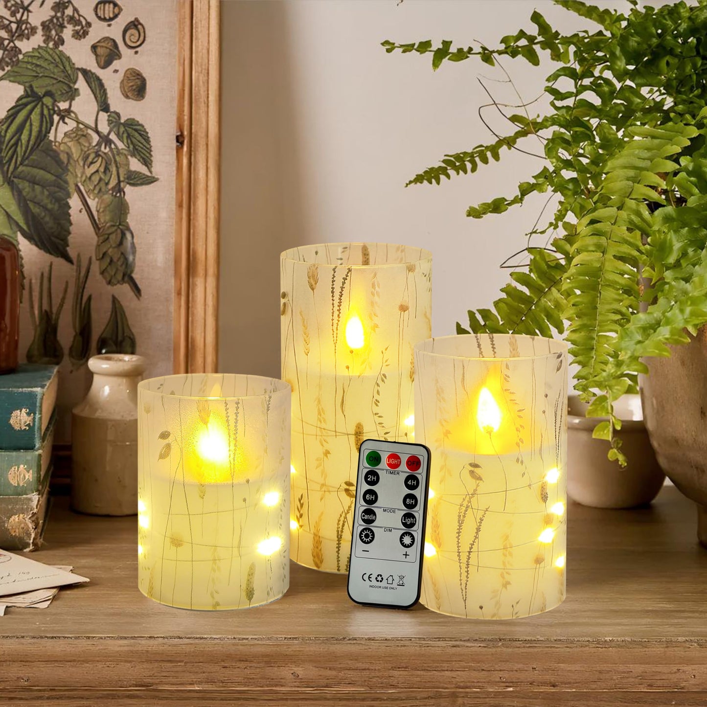 Flickering Flameless Candles Leaf Print, Embedded Star String Lights, Battery Operated Acrylic LED Pillar Candles with 11-Key Remote and Timer for Home Decoration, 3 Pack
