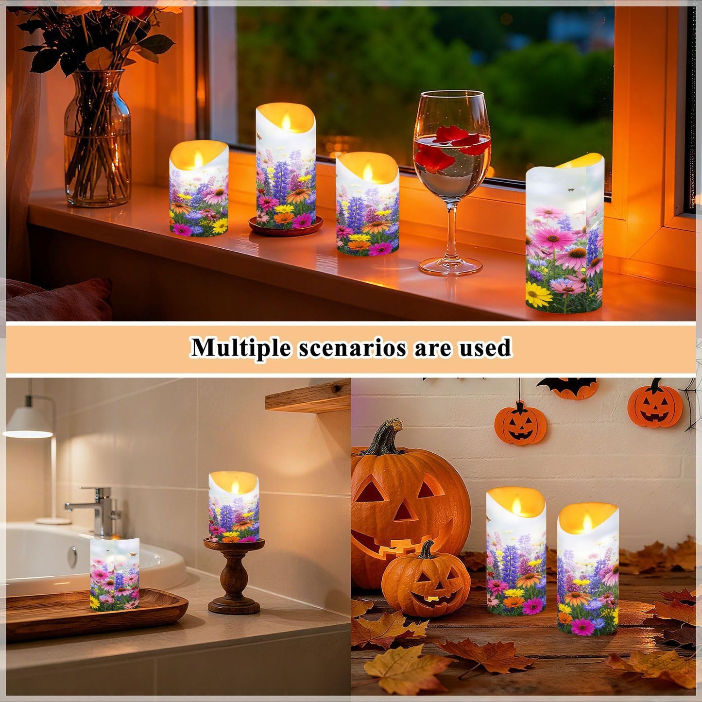 Flameless Candles Set of 2 Vibrant Spring Flowers Realistic LED Candles with Remote Battery Operated Holiday Decorations