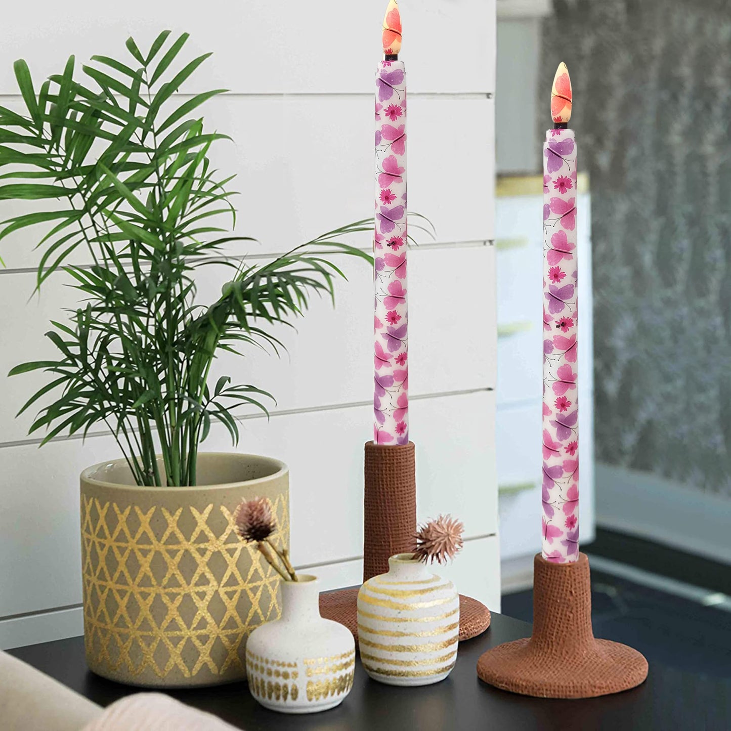 FCMSHAMD 6PCS Pink Butterfly Flameless Taper Candles, 11 Inch LED Candlesticks Battery Operated with 11-Key Remote and Timer, 3D Flickering Flame Lights for Wedding Party Home Decor Gifts