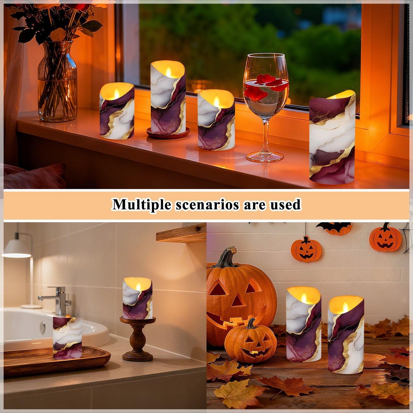 GuoChe Fake Candles LED with Timer 2/4/6/8H Realistic Flicker Battery Candles for Valentine’s Day Marble Burgundy White