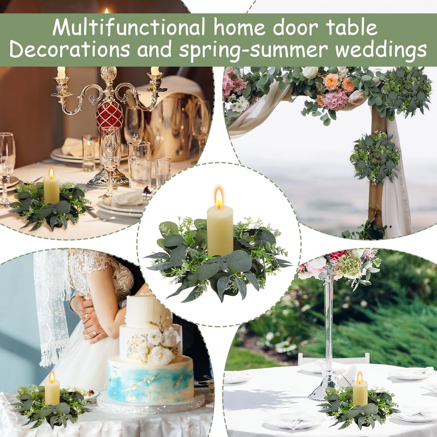 4 Pcs Eucalyptus Candle Rings Wreaths 4 Inch Center Mini Artificial Green Floral Leaves Wreaths Pillar Holder Centerpiece for Wedding Party Home Door Window Wall Farmhouse Decoration