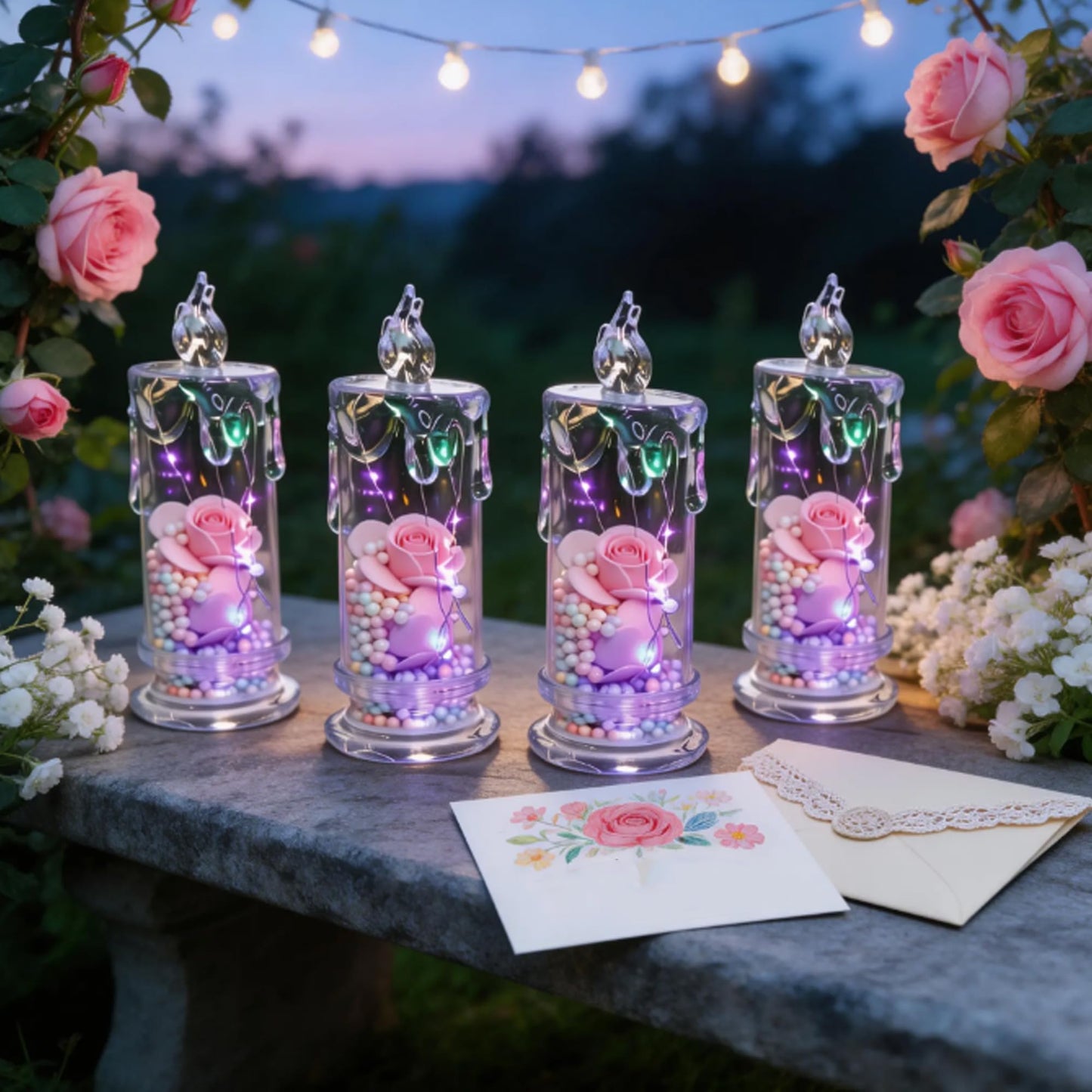Realistic Rose Candle Lights — Battery-Powered, Set of Four Realistic Rose-Shaped Candle Lights, Smoke-Free LED Roses for Home Decor, Faux Flameless Romance Anniversary Romantic Decorations (Pink-4)