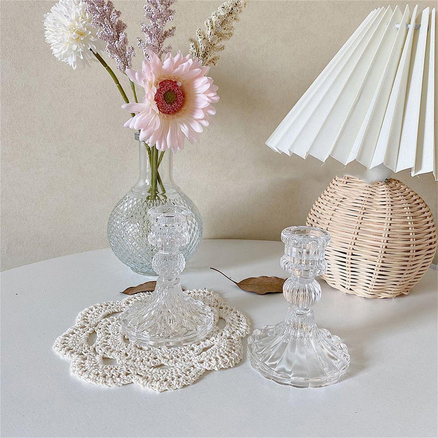 6 Pack Glass Taper Candlestick Holders, Clear Candlestick Holders, 4" H Stripe Crystal Candle Holders Decorative Candle Stand Centerpiece for Wedding, Festival, Dinning Party Table Decor