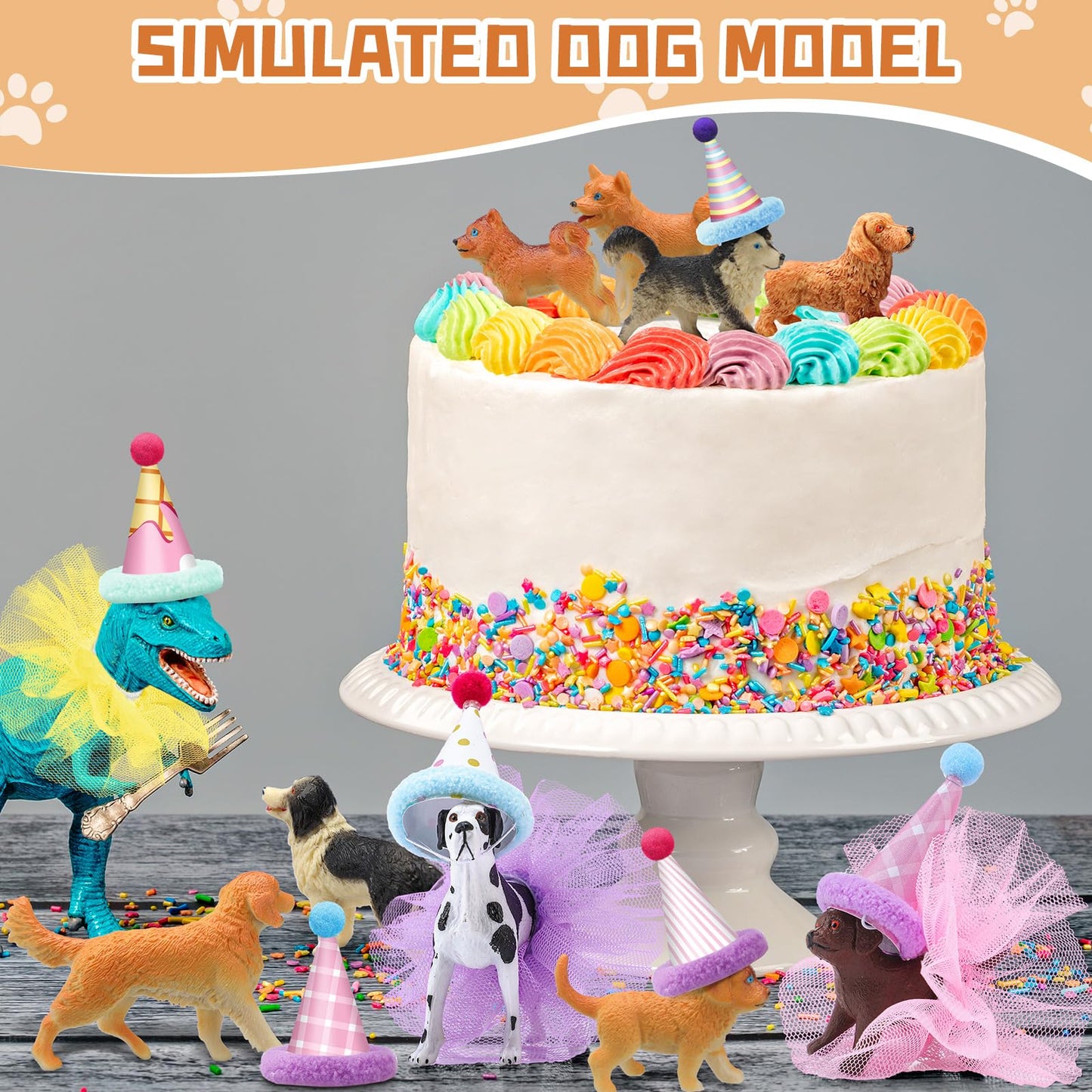 Weysat 27 Pcs Dog Cake Topper Animals Figures Birthday Party Decorations with Mini Hat with Pom Poms Puppy Dog Figure Cupcake Toppers Decoration with Mini Skirt and Hat for Puppy Animals Themed Party
