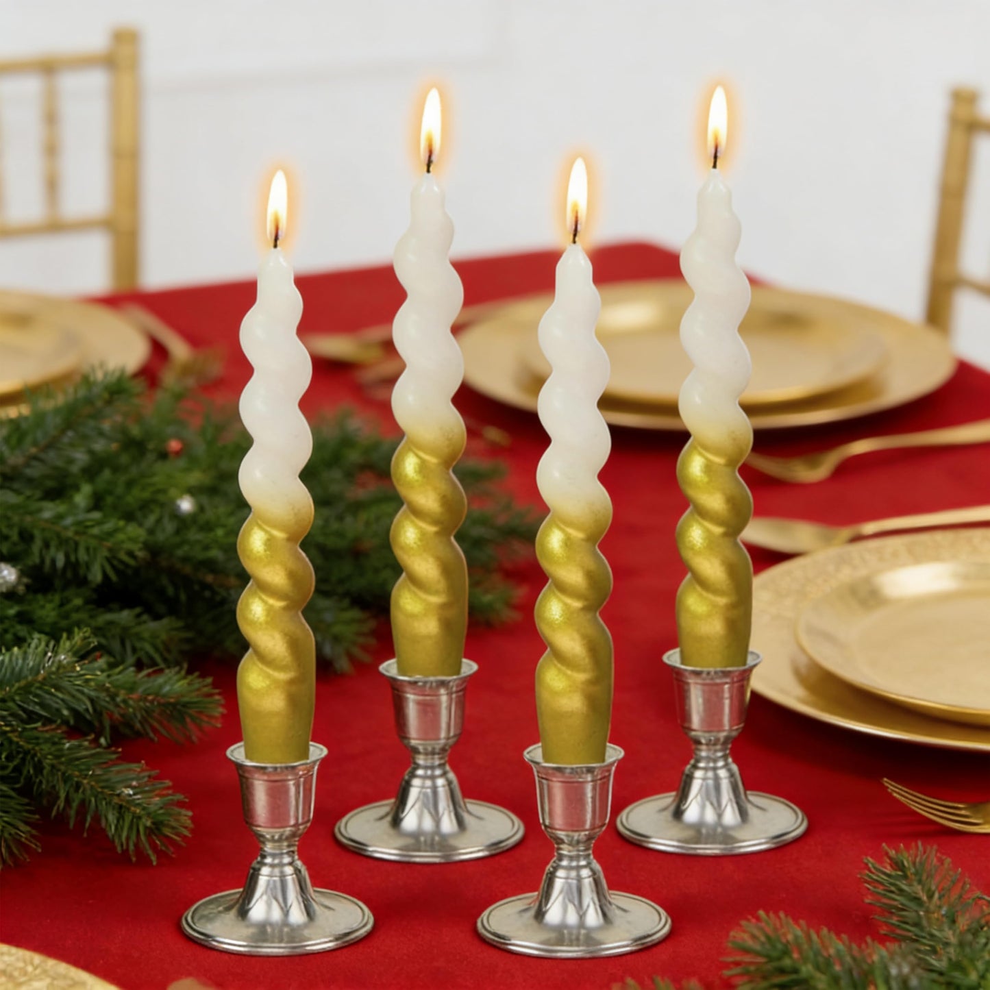 Christmas Spiral Candles Gold Taper Candles -7.5 in Unscented Candlestick for Winter Gift Holiday Christmas Home Decoration Candles, 4 Pack