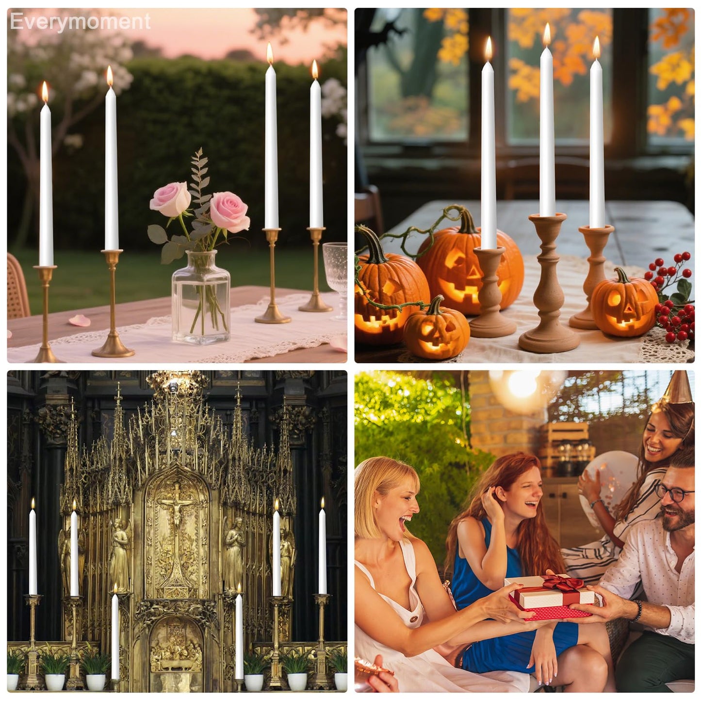 Everymoment White Taper Candles - 12 Pack 10 Inch Candlesticks - Dripless & Smokeless for 8 Hours - Unscented Paraffin Wax - Perfect for Wedding Christmas Halloween Holiday Dinner Table & Home Decor