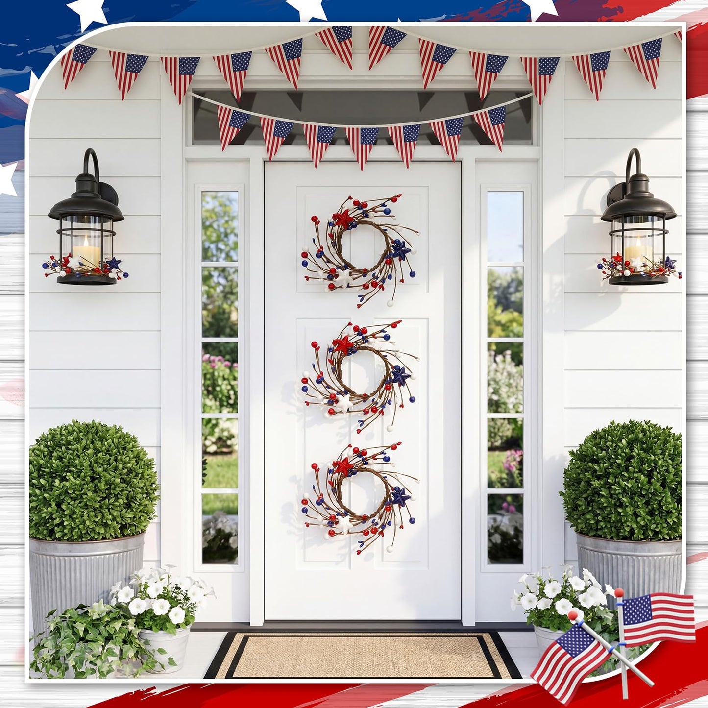 Yunlly 4 Pcs Independence Day Candle Wreaths Rings Five-Pointed Star and Berry Candle Holder Rings with LED Flameless Candles, 9.5" Wide for Wedding Windows 4th of July Table Centerpieces