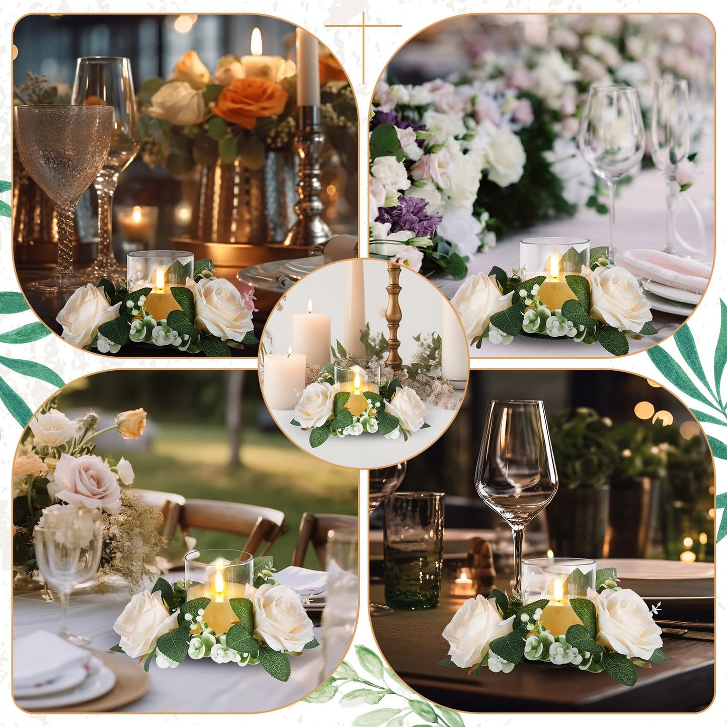 Yunlly 32 Pcs Rose Candle Rings with Flameless Candles Sets, Artificial Flower Eucalyptus Wedding Centerpiece 3 Inch Pillar Candleholders Wreaths for Wedding Party Mother's Day (Champagne)