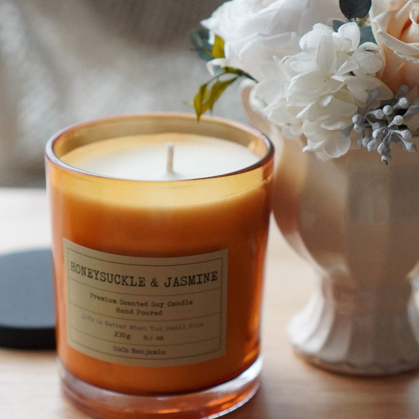 100% Natural Soy Wax Candle by CoCo Benjamin - Highly Scented & Hand-Poured Luxury Candle (Honeysuckle & Jasmine)- Clean Burning Cotton Wick