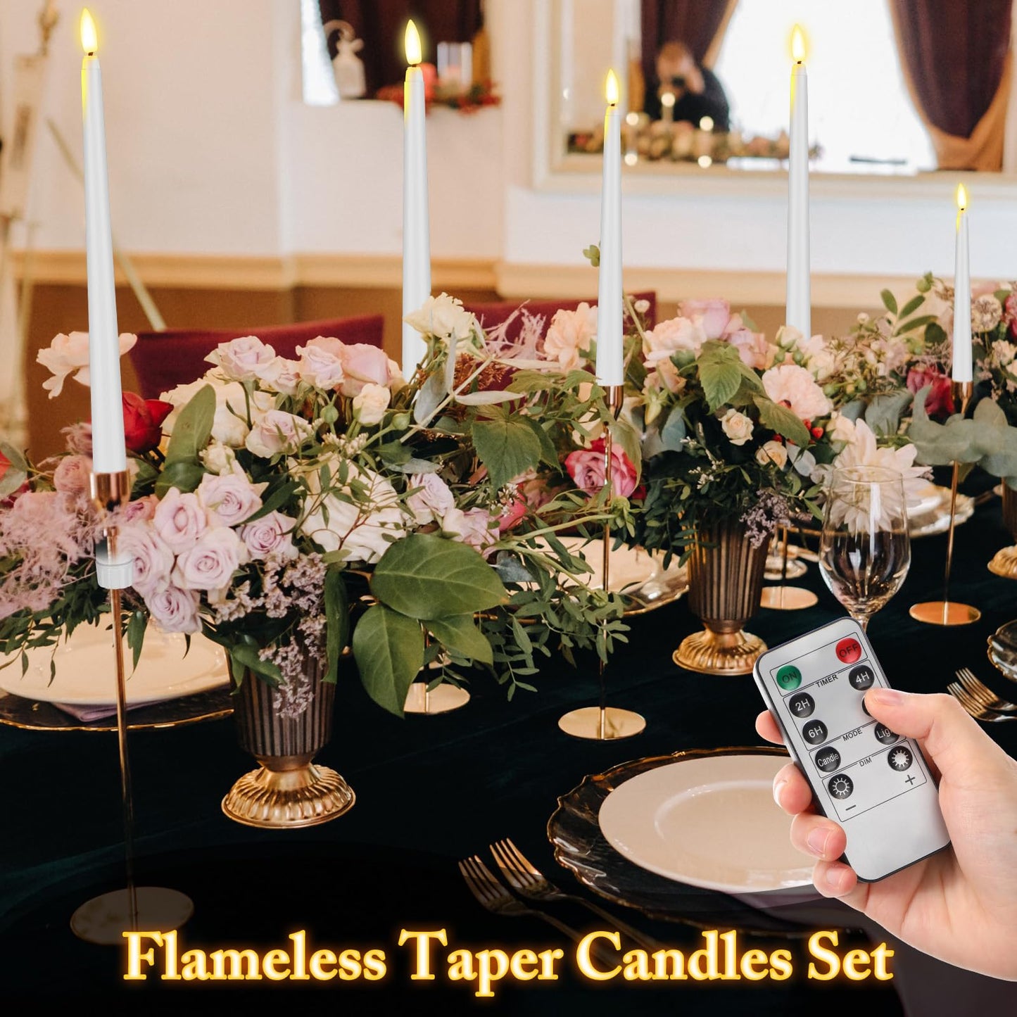 Rossesay 28 Pcs Flameless Taper Candles with Timer Remote 4 Sizes of 8.5", 9.6", 10.83", 12.8" LED Flickering Taper Candles Battery Operated for Valentine's Day Church Wedding Home Decor(White)