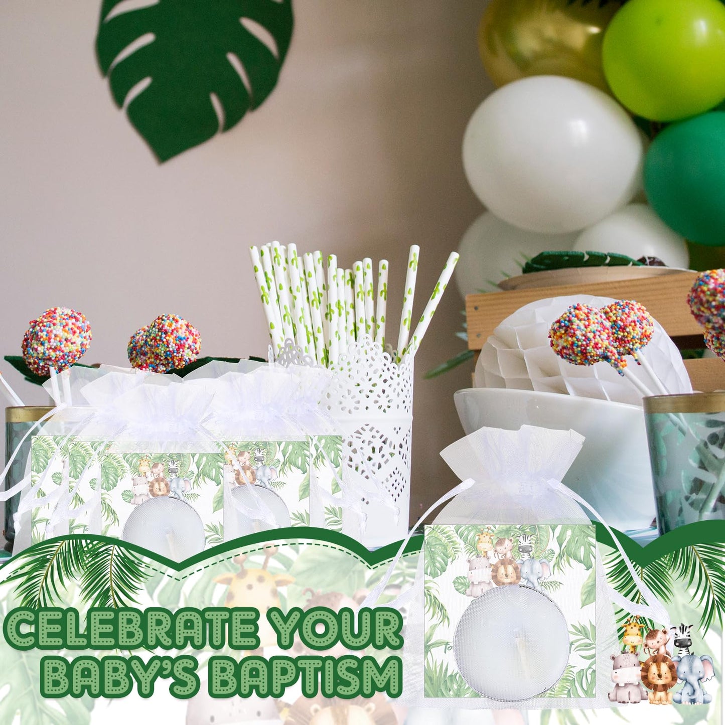 MTLEE 50 Sets Baby Shower Party Favors Candles Including 50 Pcs Tealight Candles Thank You Cards Baby Shower Bags for Guests Prizes Gender Reveal Party Decorations(White,Animals)
