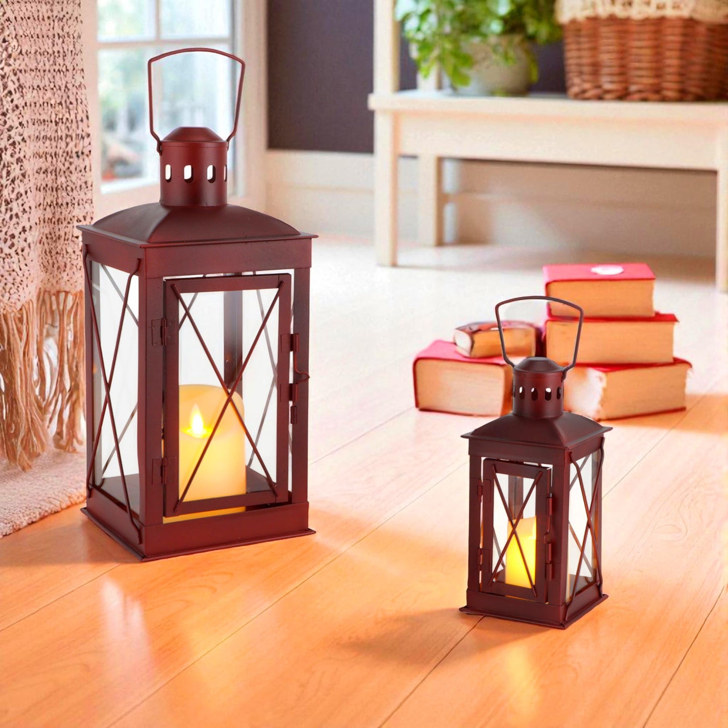TRIROCKS Set of 2 Decorative Candle Lantern 14/10'' High Metal Candle Holder Hanging Lantern Perfect for Home Decor Patio Living Room Parties Events Tabletop Indoors Outdoors (Red)