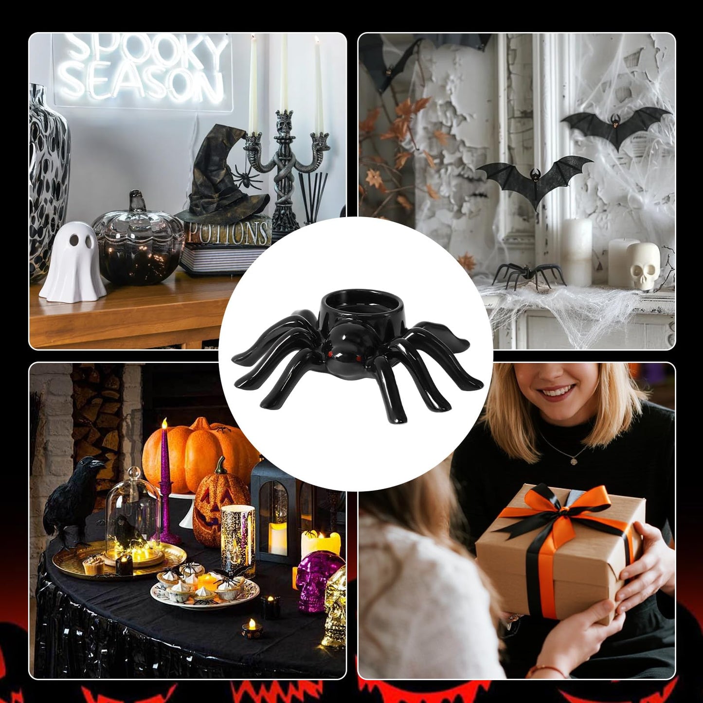 Halloween Candle Holder Black Spider Ceramic Candle Holder Halloween Decorations for Home Office Table Centerpiece, Scary Spider Tealight Candlestick for Party Decoration