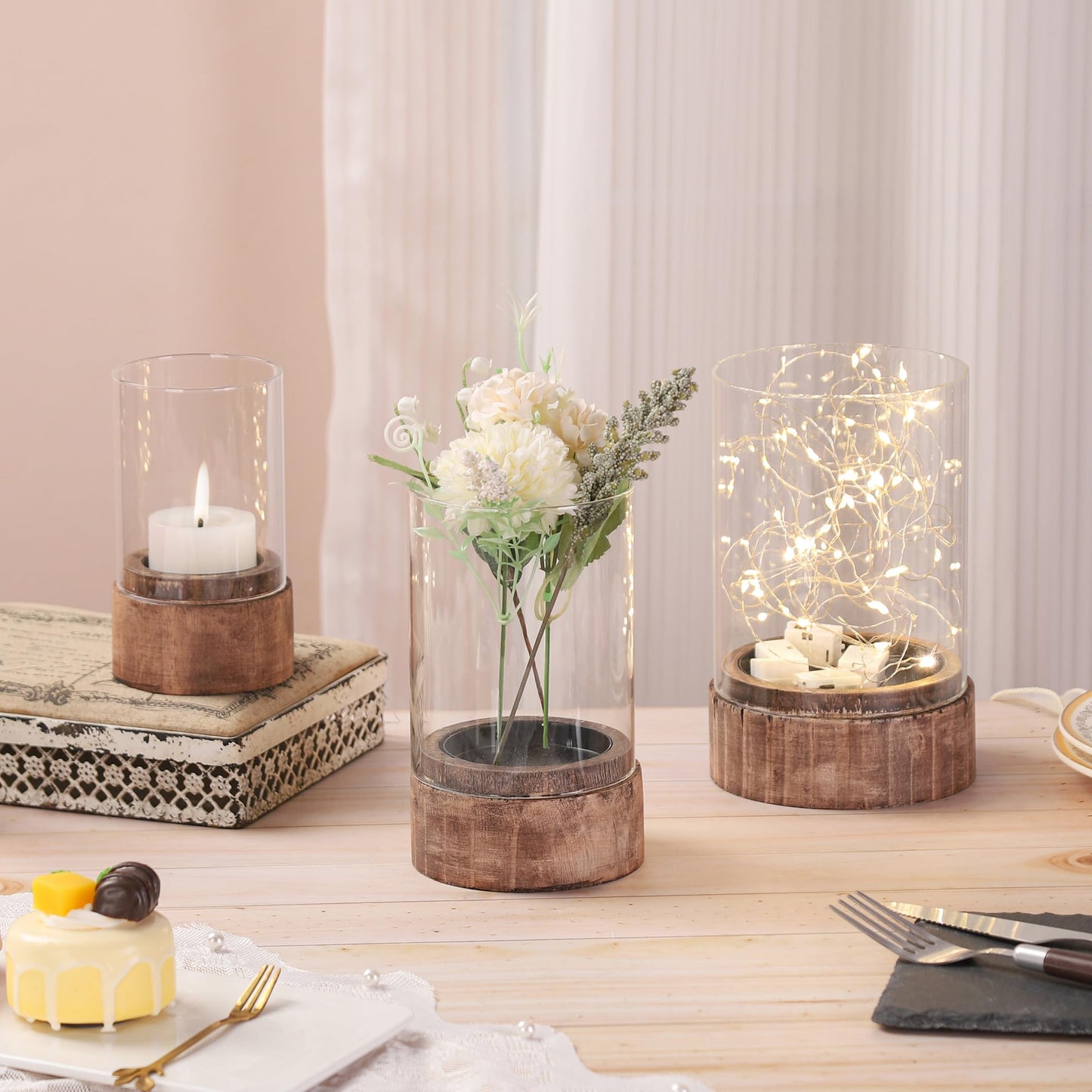 Set of 3 Glass Hurricane Candle Holders for Pillars with Vintage Natural Solid Wooden Bases, Farmhouse Candle Holder, Candle Stand, Candlestick Holders, Centerpiece for Home, Table, Wedding