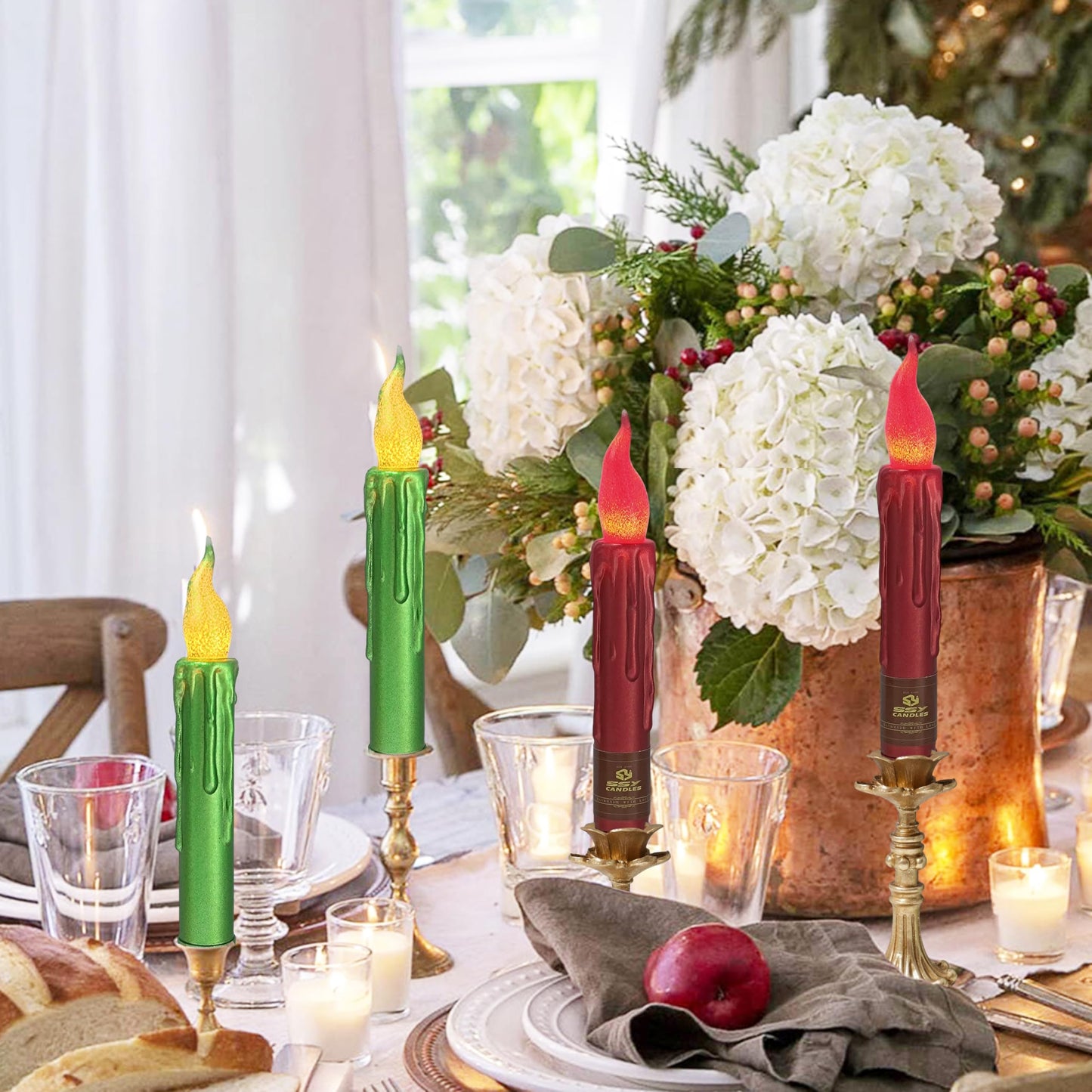 FCMSHAMD Christmas Metallic Red Green Flameless Short Taper Candles, Hand Dipped LED Battery Operated with Remote, Flickering Flame Lights for Home Décor, 6.7 Inch Primitive Flameless Candles, 4PCS