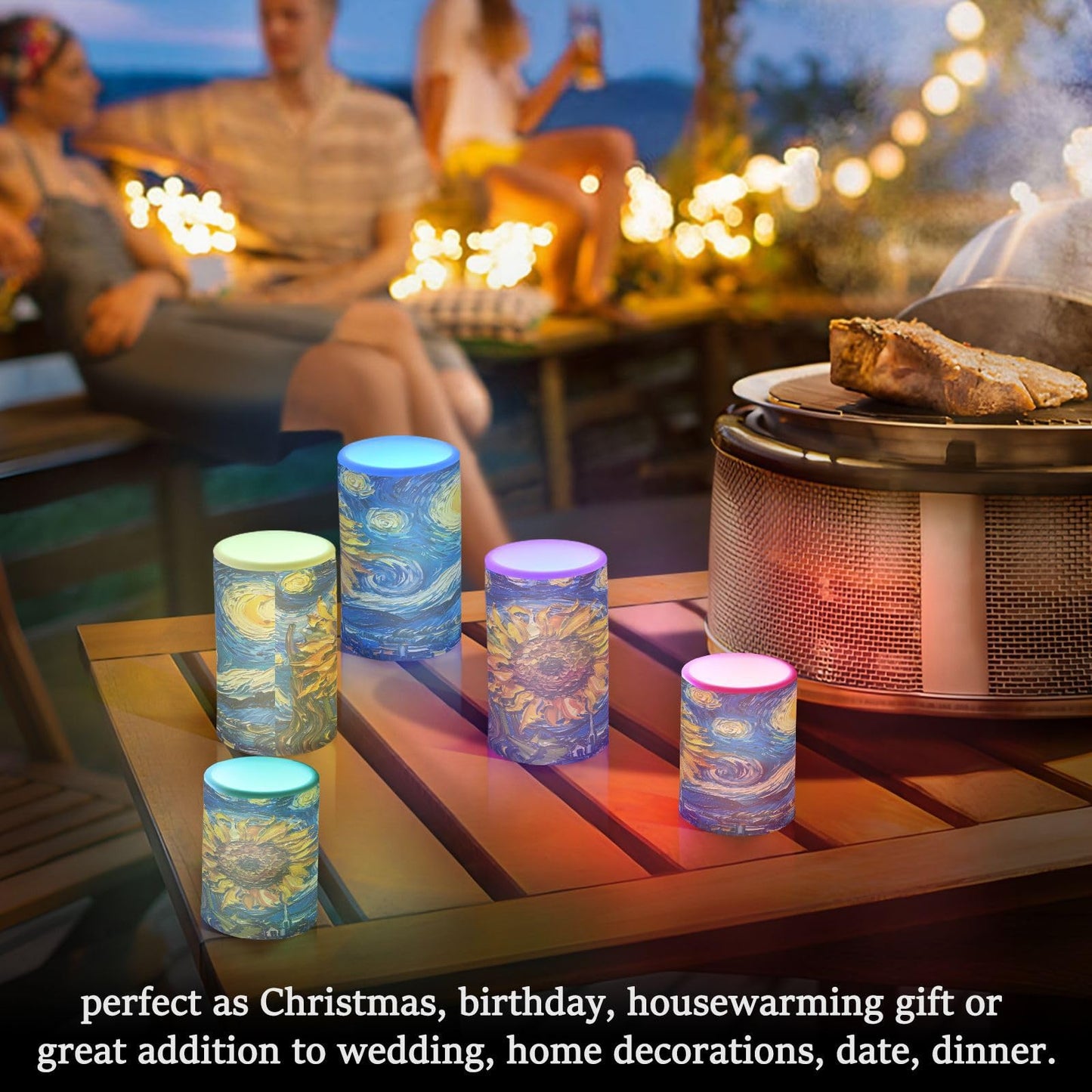 ALAZA Oil Painting Starry Night Sunflower Flickering Flameless Candles Pillar Led Candles Battery Operated Candles with Remote and Timers Set of 2
