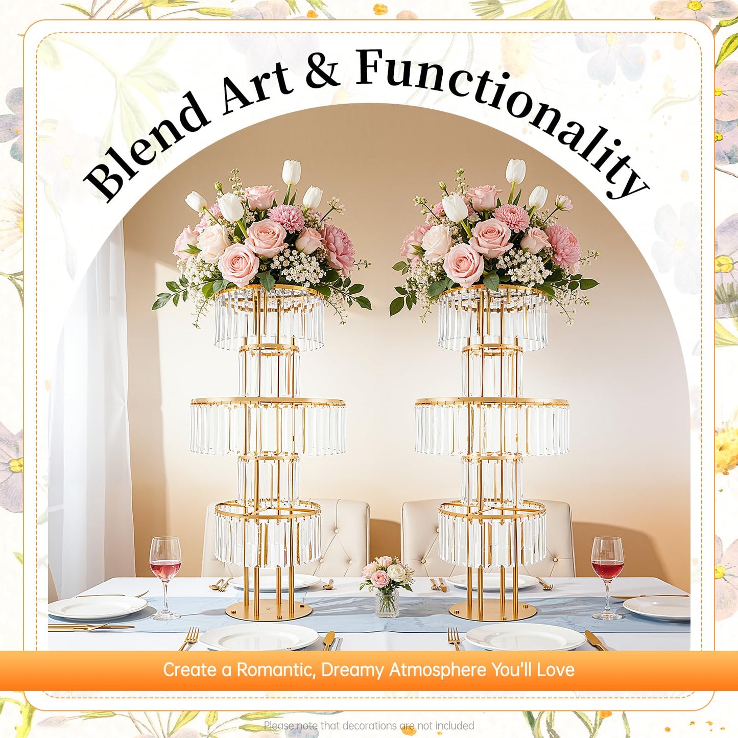 2 PCS Crystal Vases for Centerpieces, 43.3 in Tall Metal Pedestal Stands with Hanging Crystals for Table Chandelier Centerpiece, 5 Tiers Flower Stand for Wedding Reception Party (Gold, Round Base)