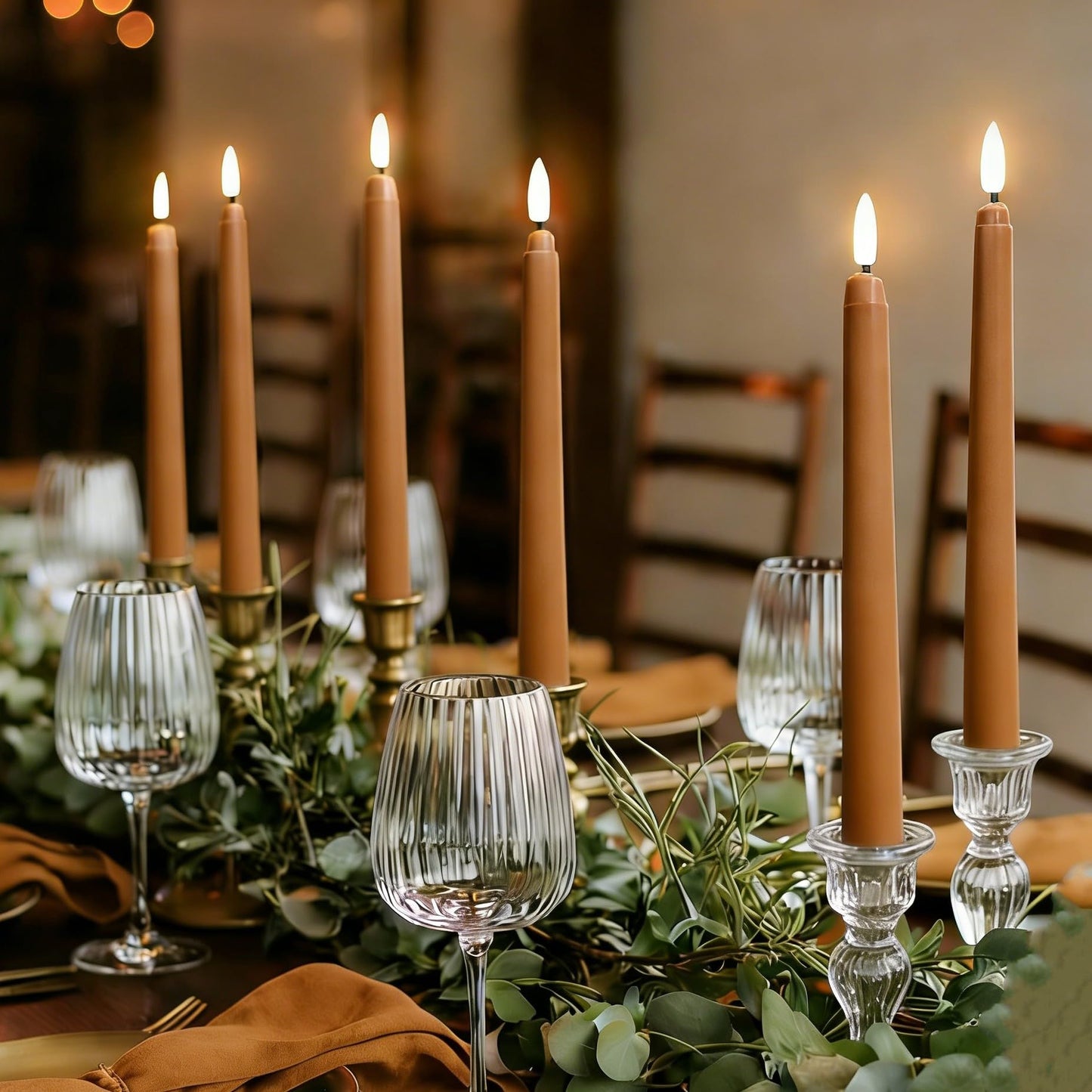 Ni-JASW Brown Flameless Taper Candles with Remote, Flickering Battery Operated LED Candlesticks Home Decor Set of 4
