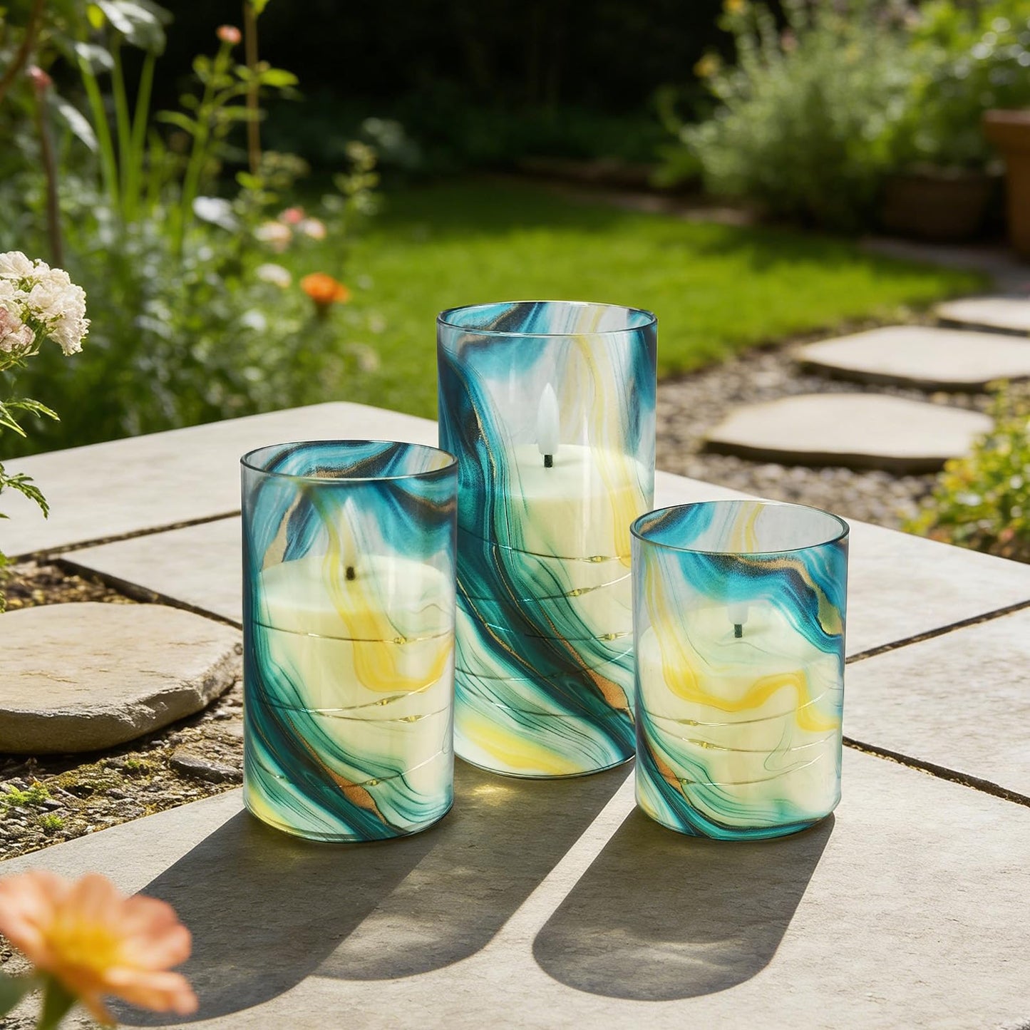 NjaoHoo Flickering Flameless Candles, Recessed String Light LED Candles 3D Wick Acrylic Battery Operated LED Pillar Candles with Remote and Timer for Modern Simple Home Decor Set of 3(Marble Printed)