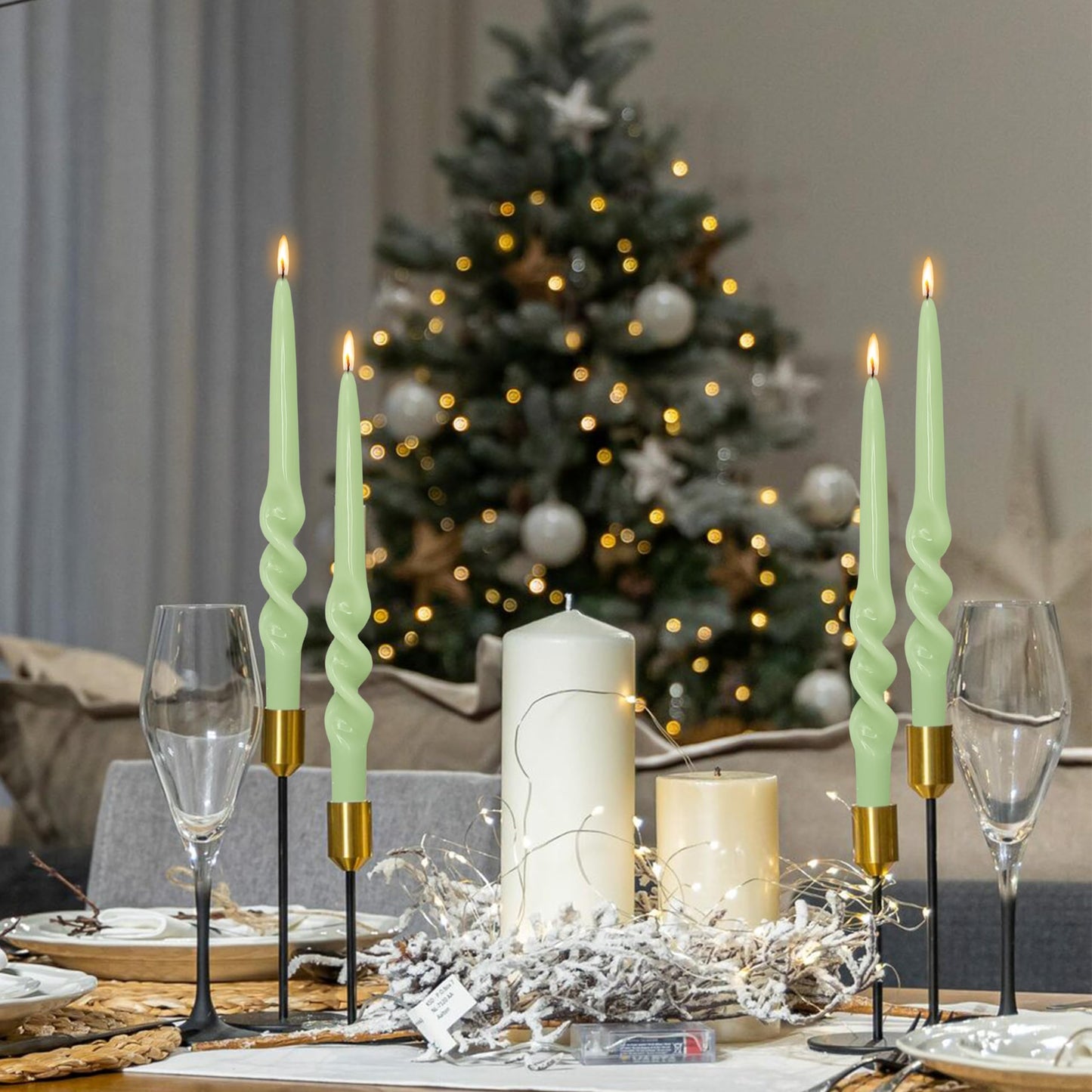 BALEAGCDL Twisted Taper Candle Smokeless Green Spiral Candlesticks 9.5 Inch Unscented Handmade Dinner Candles Set for Holiday Party Seasons Home Decoration 2 Pcs