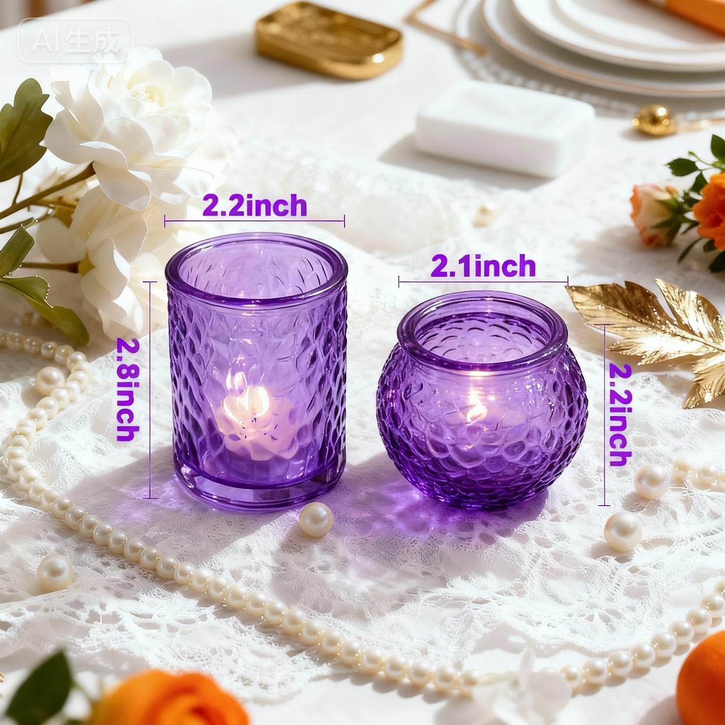24-Piece Purple Glass Votive Candle Holders Set – Tealight Candle Holder Glass Bulk with 12 Round & 12 Hammered Textured Cups, Purple Votive Candle Holders for Weddings, Parties, Home