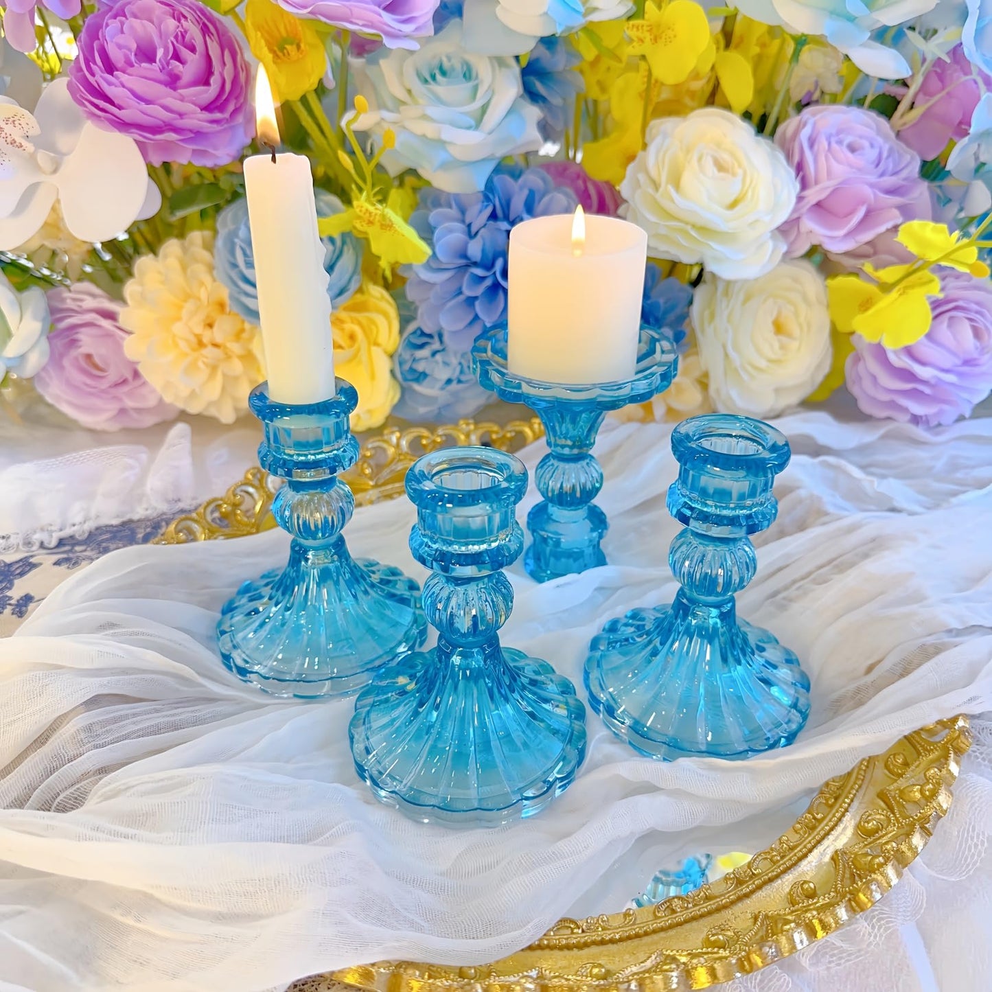 ECHFSM Glass Candlestick Holder,Striped Taper Candle Holders,Set of 6 Candle Stand for Table Centerpieces, Home Decor,Weddings,Festival and Parties (Blue Stripe Pattern)