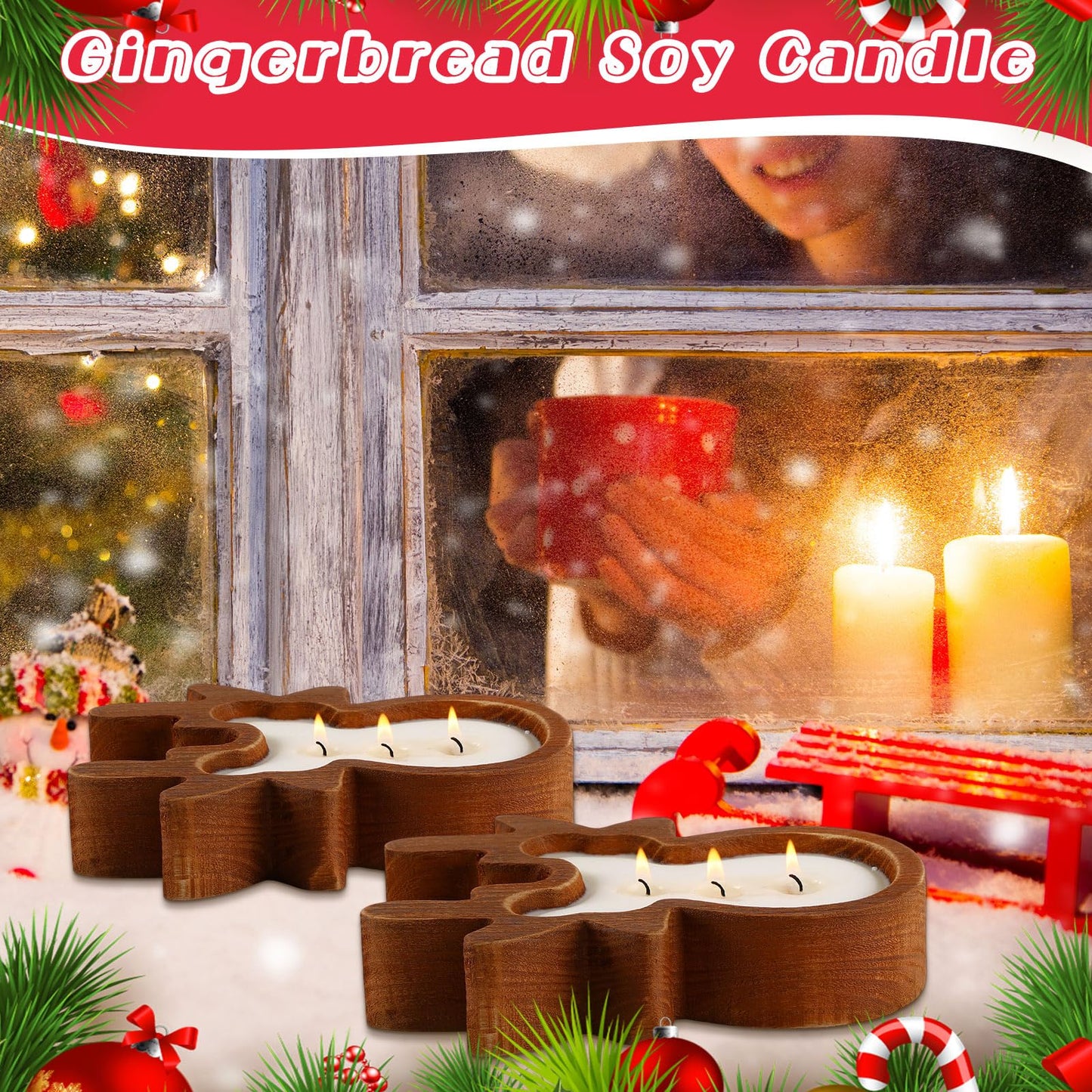MTLEE 2 Pack Christmas Wood Dough Bowl Candle Deer Wooden Candle Bowl 3 Wick Xmas Farmhouse Decoration with Berries Pine Label for Christmas Table Centerpiece Birthday Gift Home Party Decor