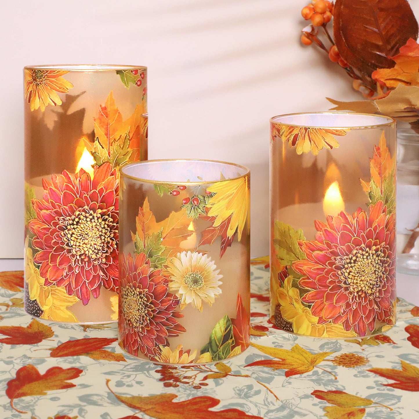 Silverstro Flameless Candles Chrysanthemum Decal with Remote & Timer - Real Wax Flickering Battery Operated Candles - Home Farmhouse Holiday Spring Decorations - Set of 3