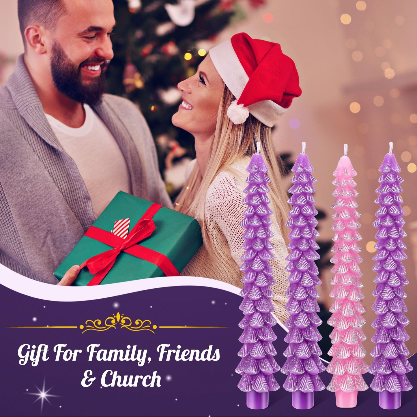 Enhon 4 Pcs Advent Candles Set, 10 Inch Tree Shaped Taper Candles, Unscented Beeswax Christmas Advent Wreath Candle for Xmas, Holiday, Church, Party, or Home Decor (Silver Rim,Purple,Pink)